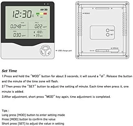 دستگاه سنجش کیفیت هوا JJJ برای PM2.5/PM10 HCHO AQI دما و رطوبت با ساعت زنگ دار، آشکارساز هوای چند منظوره حرفه ای با صفحه نمایش LCD دستگاه سنجش کیفیت هوا JJJ برای PM2.5/PM10 HCHO AQI دما و رطوبت با ساعت زنگ دار، آشکارساز هوای چند منظوره حرفه ای با صفحه نمایش LCD