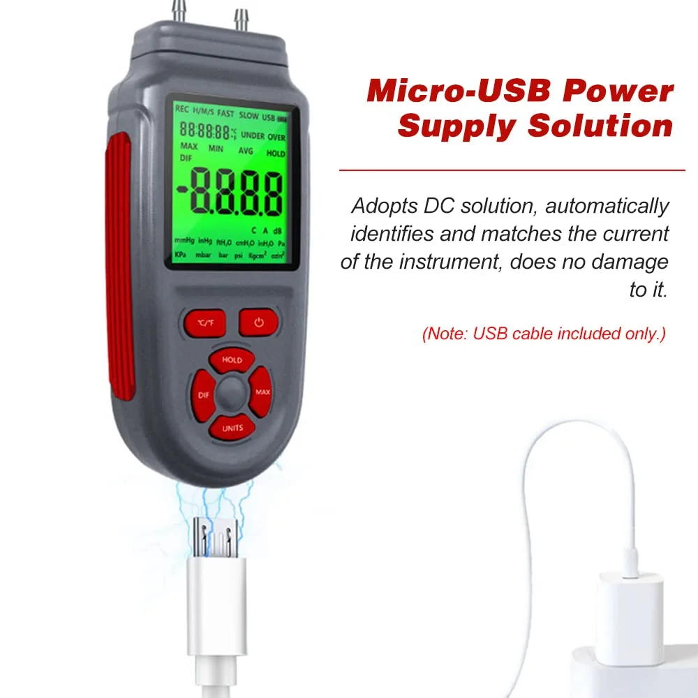 فشارسنج دیجیتال جولریتیک، گیج فشار دیفرانسیل هوا و گاز دو پورت با نمایشگر LCD دارای نور پس زمینه، تغذیه با باتری یا کابل USB، پشتیبانی از اندازه گیری دما ℃/ ℉ فشارسنج دیجیتال جولریتیک، گیج فشار دیفرانسیل هوا و گاز دو پورت با نمایشگر LCD دارای نور پس زمینه، تغذیه با باتری یا کابل USB، پشتیبانی از اندازه گیری دما ℃/ ℉