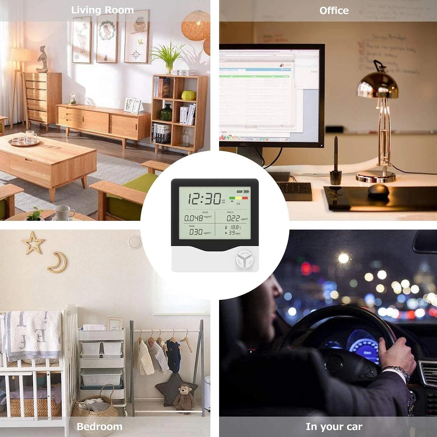 دستگاه سنجش کیفیت هوا JJJ برای PM2.5/PM10 HCHO AQI دما و رطوبت با ساعت زنگ دار، آشکارساز هوای چند منظوره حرفه ای با صفحه نمایش LCD دستگاه سنجش کیفیت هوا JJJ برای PM2.5/PM10 HCHO AQI دما و رطوبت با ساعت زنگ دار، آشکارساز هوای چند منظوره حرفه ای با صفحه نمایش LCD