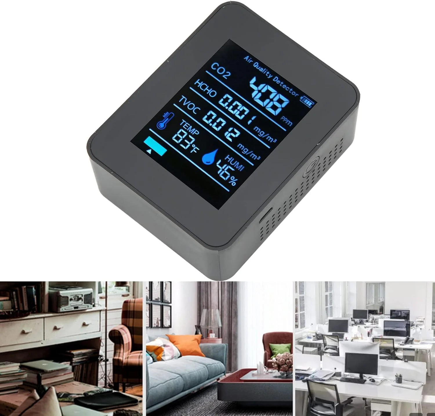 دستگاه سنجش کیفیت هوا 5 در 1، آشکارساز چند منظوره کیفیت هوا، مانیتورینگ لحظه ای با باتری، CO2، TVOC، HCHO، دما، رطوبت، دستگاه قابل حمل اندازه گیری دی اکسید کربن (مشکی) دستگاه سنجش کیفیت هوا 5 در 1، آشکارساز چند منظوره کیفیت هوا، مانیتورینگ لحظه ای با باتری، CO2، TVOC، HCHO، دما، رطوبت، دستگاه قابل حمل اندازه گیری دی اکسید کربن (مشکی)