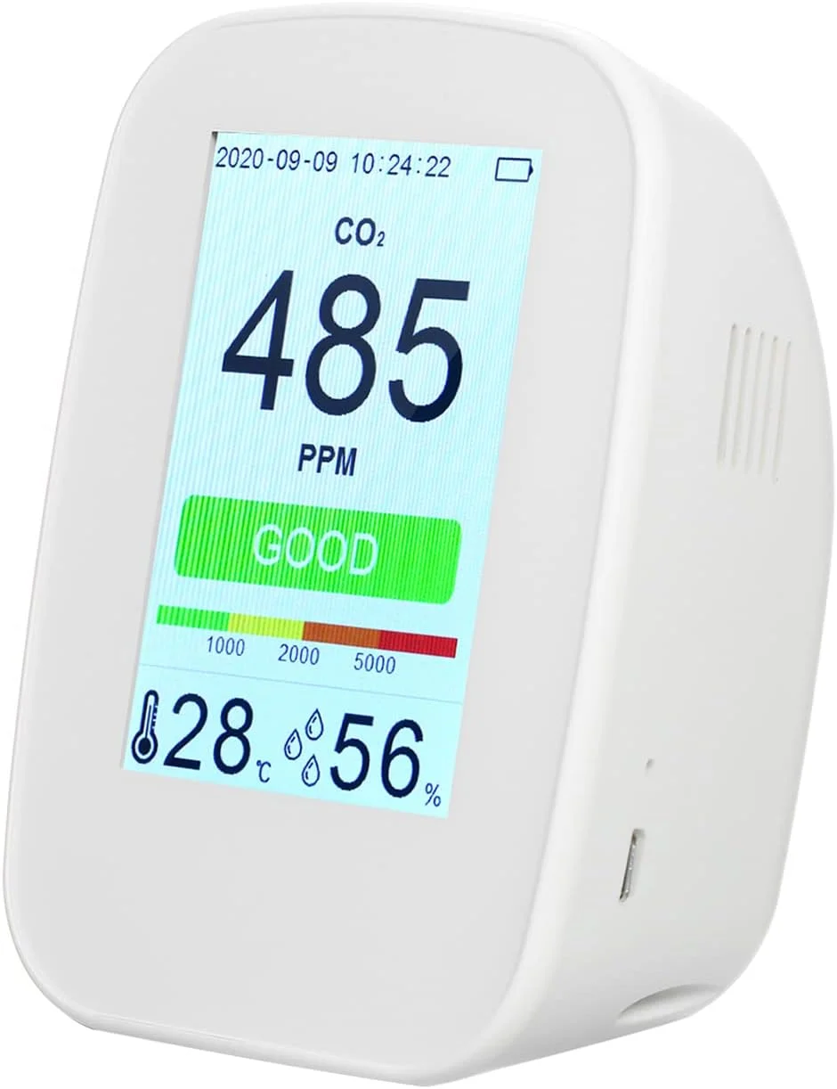 دستگاه رومیزی تشخیص کیفیت هوا 3 در 1، چند منظوره، رطوبت/دما/CO2، مناسب فضای داخلی/خارجی، نمایشگر دما و رطوبت، تستر CO2 با قابلیت ثبت 65534 گروه داده، باتری قابل شارژ و صفحه نمایش رنگی 3.5 اینچی