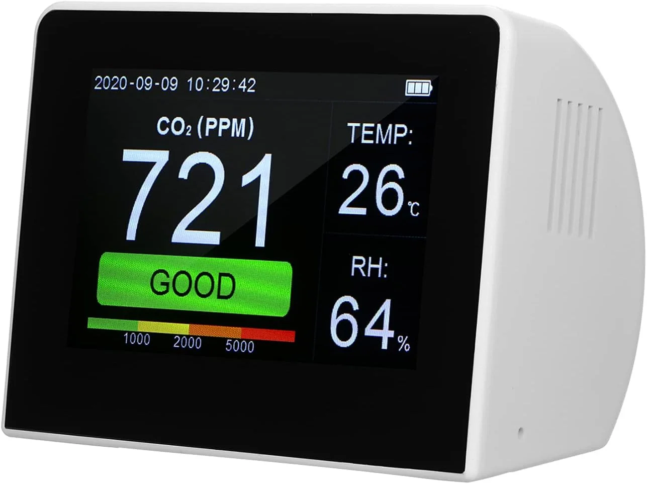 دستگاه رومیزی تشخیص کیفیت هوا 3 در 1، چند منظوره، سنجش دی اکسید کربن، دما و رطوبت، مناسب فضای داخلی و خارجی، با صفحه نمایش دیجیتال 3.5 اینچی و قابلیت ثبت داده به همراه باتری قابل شارژ