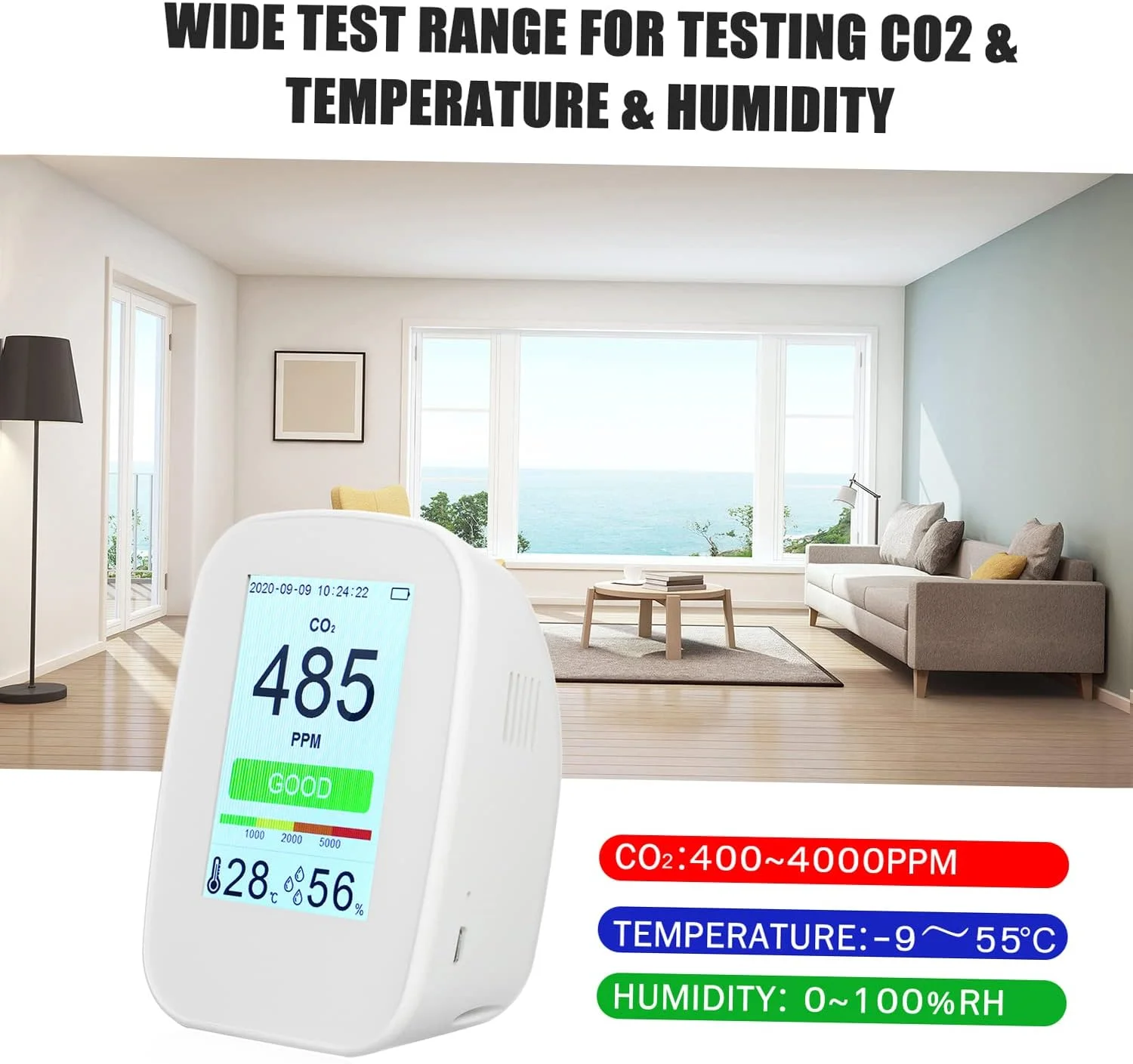 دستگاه رومیزی تشخیص کیفیت هوا 3 در 1، چند منظوره، رطوبت/دما/CO2، مناسب فضای داخلی/خارجی، نمایشگر دما و رطوبت، تستر CO2 با قابلیت ثبت 65534 گروه داده، باتری قابل شارژ و صفحه نمایش رنگی 3.5 اینچی
