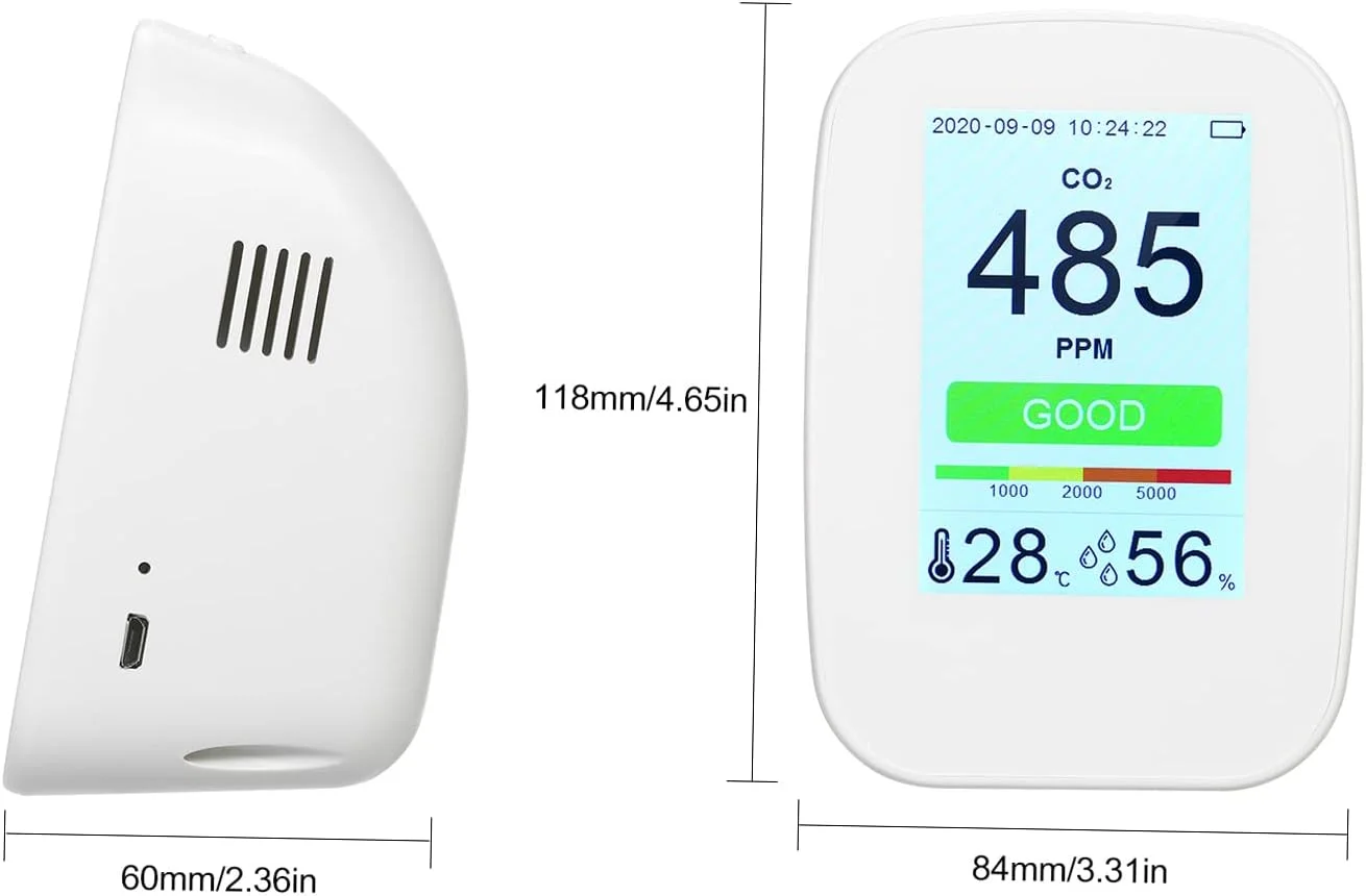 دستگاه رومیزی تشخیص کیفیت هوا 3 در 1، چند منظوره، رطوبت/دما/CO2، مناسب فضای داخلی/خارجی، نمایشگر دما و رطوبت، تستر CO2 با قابلیت ثبت 65534 گروه داده، باتری قابل شارژ و صفحه نمایش رنگی 3.5 اینچی