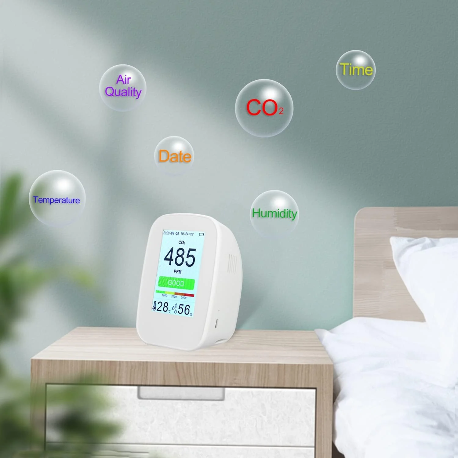 دستگاه رومیزی تشخیص کیفیت هوا 3 در 1، چند منظوره، رطوبت/دما/CO2، مناسب فضای داخلی/خارجی، نمایشگر دما و رطوبت، تستر CO2 با قابلیت ثبت 65534 گروه داده، باتری قابل شارژ و صفحه نمایش رنگی 3.5 اینچی