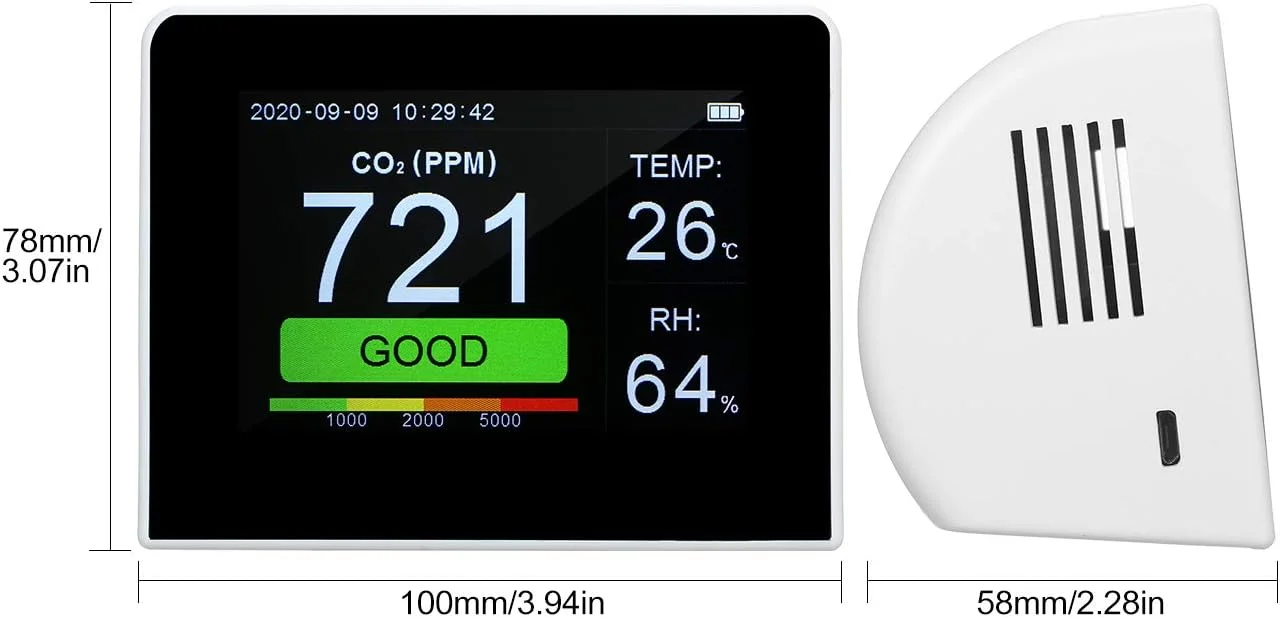 دستگاه رومیزی تشخیص کیفیت هوا 3 در 1، چند منظوره، سنجش دی اکسید کربن، دما و رطوبت، مناسب فضای داخلی و خارجی، با صفحه نمایش دیجیتال 3.5 اینچی و قابلیت ثبت داده به همراه باتری قابل شارژ دستگاه رومیزی تشخیص کیفیت هوا 3 در 1، چند منظوره، سنجش دی اکسید کربن، دما و رطوبت، مناسب فضای داخلی و خارجی، با صفحه نمایش دیجیتال 3.5 اینچی و قابلیت ثبت داده به همراه باتری قابل شارژ