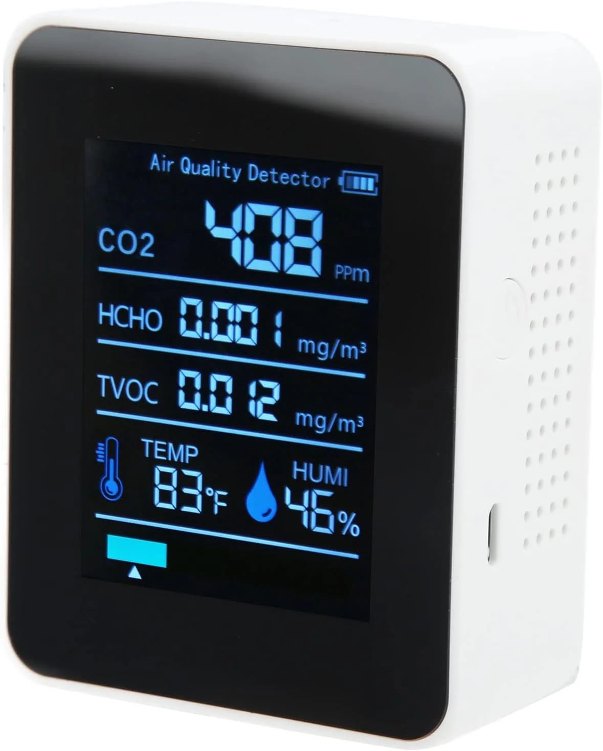 دستگاه سنجش کیفیت هوا 5 در 1، آشکارساز چند منظوره کیفیت هوا با قابلیت نمایش همزمان CO2، TVOC، HCHO، دما و رطوبت، قابل حمل (سفید) دستگاه سنجش کیفیت هوا 5 در 1، آشکارساز چند منظوره کیفیت هوا با قابلیت نمایش همزمان CO2، TVOC، HCHO، دما و رطوبت، قابل حمل (سفید)