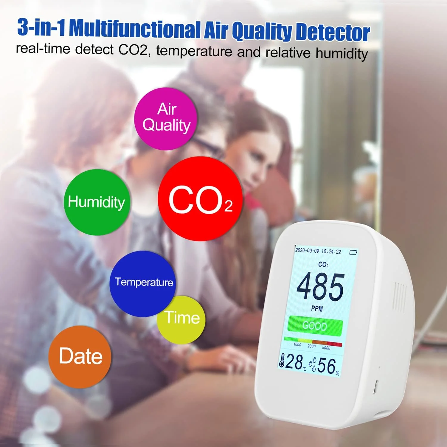 دستگاه رومیزی تشخیص کیفیت هوا 3 در 1، چند منظوره، رطوبت/دما/CO2، مناسب فضای داخلی/خارجی، نمایشگر دما و رطوبت، تستر CO2 با قابلیت ثبت 65534 گروه داده، باتری قابل شارژ و صفحه نمایش رنگی 3.5 اینچی