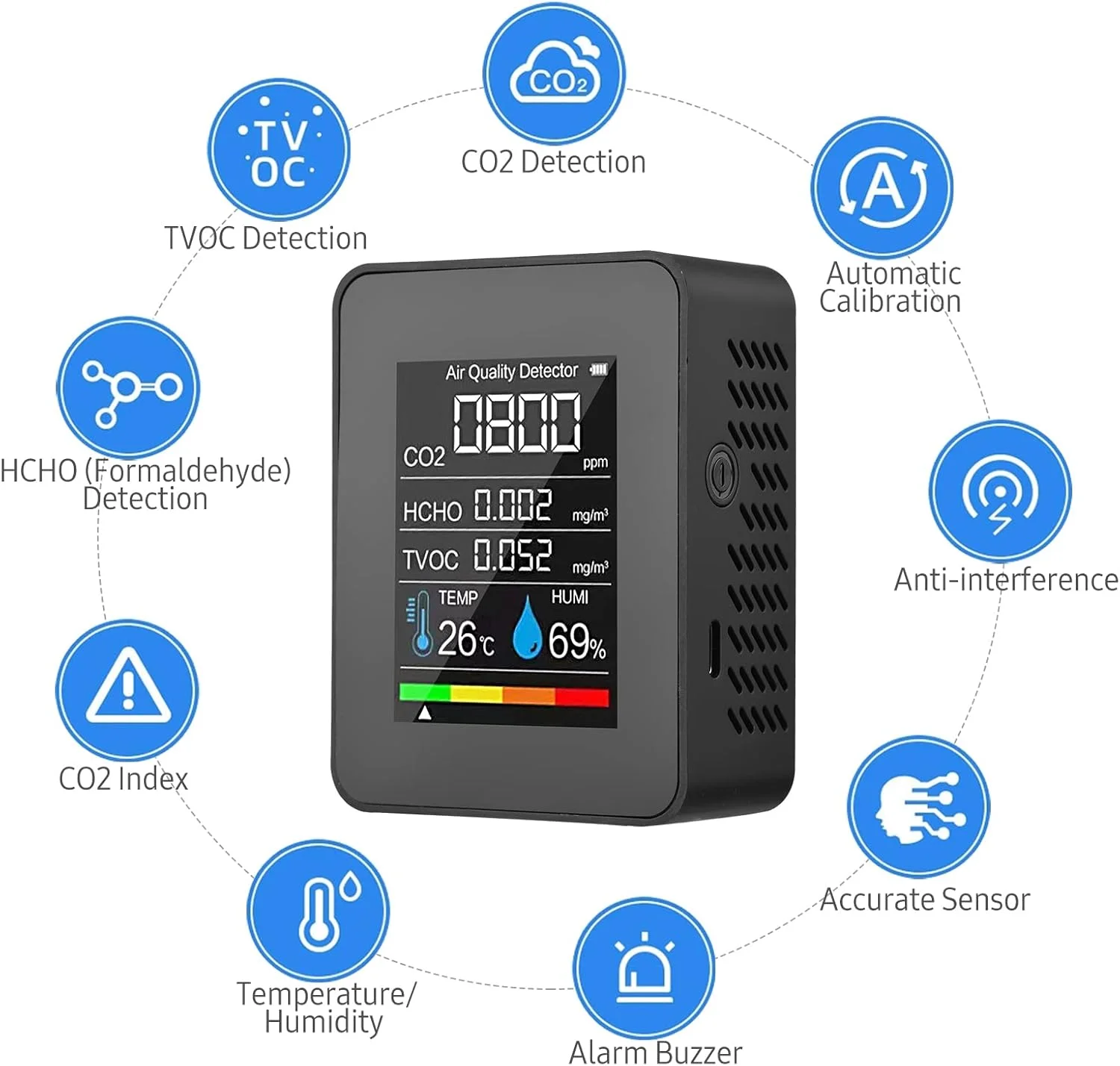 دستگاه سنجش کیفیت هوای قابل حمل Morelian، ردیاب CO2 داخل ساختمان 5 در 1، تستر فرمالدئید HCHO TVOC، تستر دما و رطوبت LCD، متر زنگ هشدار CO2 قابل شارژ برای اتاق، دفتر، گلخانه، انبار دستگاه سنجش کیفیت هوای قابل حمل Morelian، ردیاب CO2 داخل ساختمان 5 در 1، تستر فرمالدئید HCHO TVOC، تستر دما و رطوبت LCD، متر زنگ هشدار CO2 قابل شارژ برای اتاق، دفتر، گلخانه، انبار