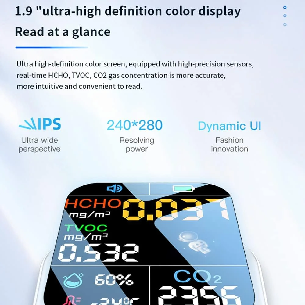 دستگاه تشخیص کیفیت هوا خانگی موریلیان با صفحه نمایش رنگی 1.9 اینچی با رزولوشن 240 * 280، دارای حسگرهای نیمه هادی با حساسیت بالا، تستر 5 در 1 HCHO TVOC دما و رطوبت، رابط Type-C دستگاه تشخیص کیفیت هوا خانگی موریلیان با صفحه نمایش رنگی 1.9 اینچی با رزولوشن 240 * 280، دارای حسگرهای نیمه هادی با حساسیت بالا، تستر 5 در 1 HCHO TVOC دما و رطوبت، رابط Type-C