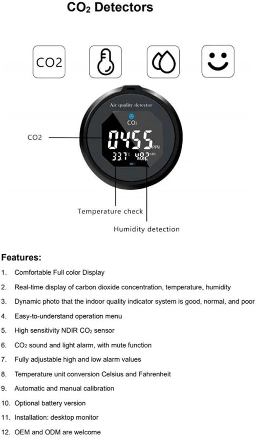 مانیتور CO2، دستگاه سنجش کیفیت هوا، آلارم صوتی و نوری، شارژ USB مناسب برای خانه و دفتر مانیتور CO2، دستگاه سنجش کیفیت هوا، آلارم صوتی و نوری، شارژ USB مناسب برای خانه و دفتر