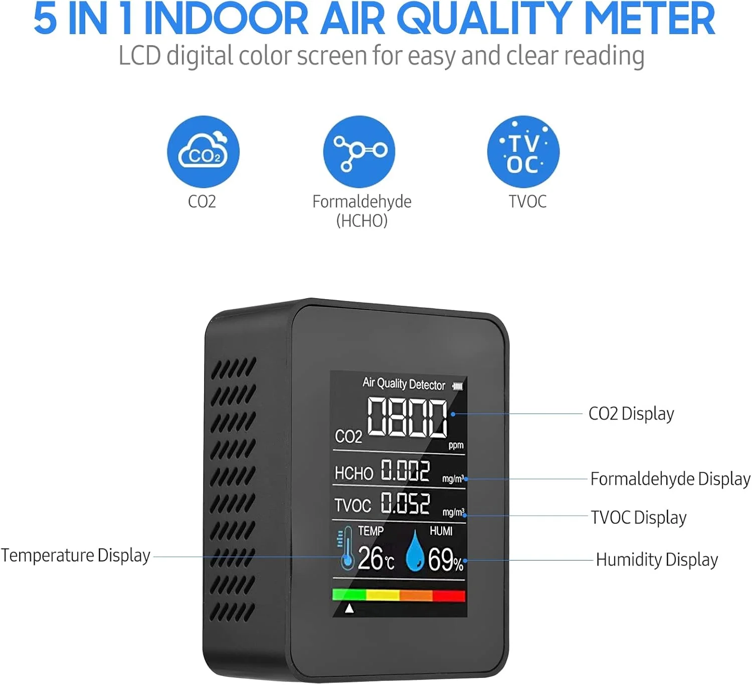 دستگاه سنجش کیفیت هوای قابل حمل Morelian، ردیاب CO2 داخل ساختمان 5 در 1، تستر فرمالدئید HCHO TVOC، تستر دما و رطوبت LCD، متر زنگ هشدار CO2 قابل شارژ برای اتاق، دفتر، گلخانه، انبار دستگاه سنجش کیفیت هوای قابل حمل Morelian، ردیاب CO2 داخل ساختمان 5 در 1، تستر فرمالدئید HCHO TVOC، تستر دما و رطوبت LCD، متر زنگ هشدار CO2 قابل شارژ برای اتاق، دفتر، گلخانه، انبار