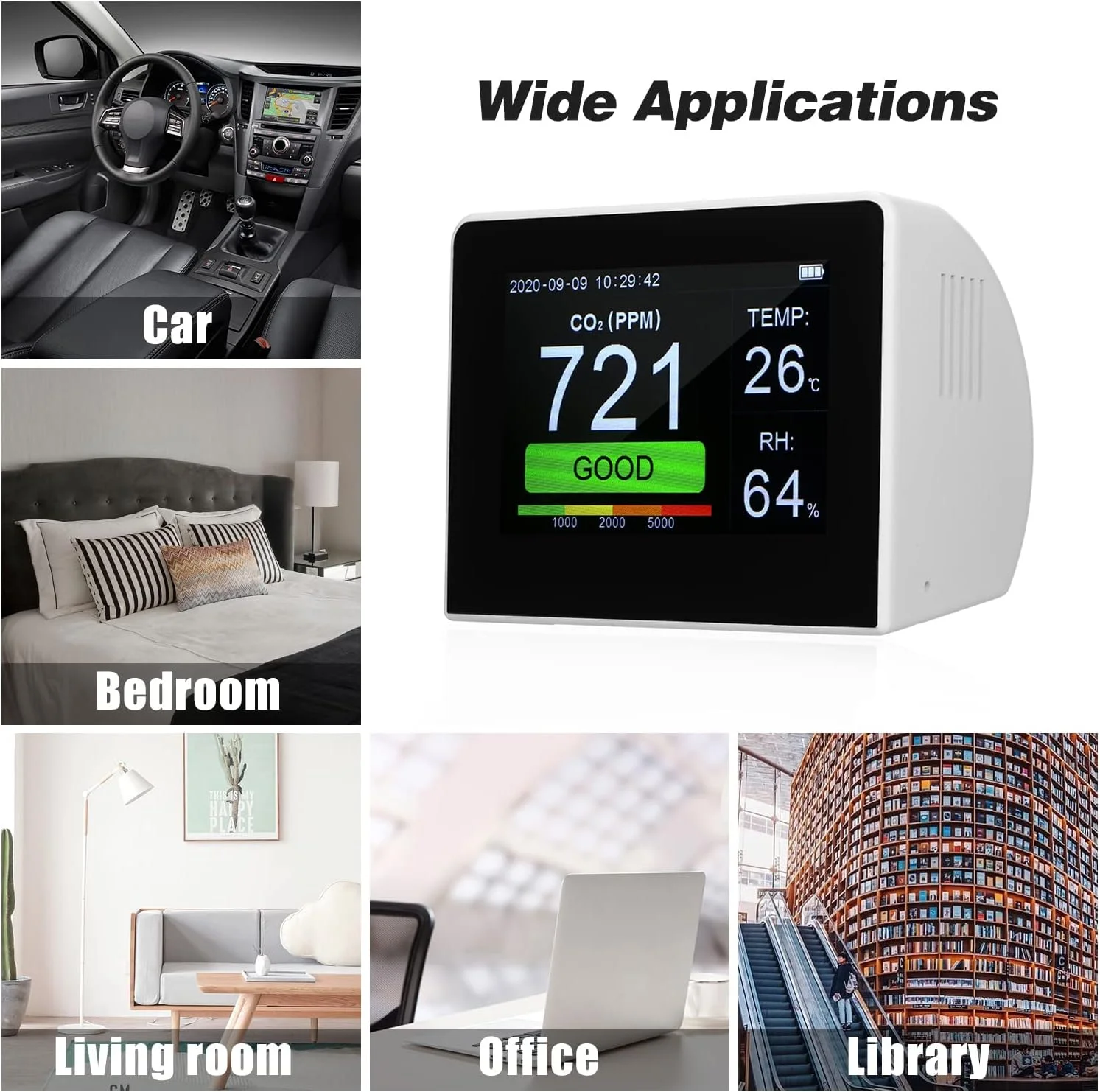 دستگاه رومیزی تشخیص کیفیت هوا 3 در 1، چند منظوره، شامل دی اکسید کربن، رطوبت و دما، مانیتور دما و رطوبت، تستر CO2 داخلی/خارجی، رطوبت سنج دیجیتال 3.5 اینچی با ثبت کننده داده و باتری قابل شارژ