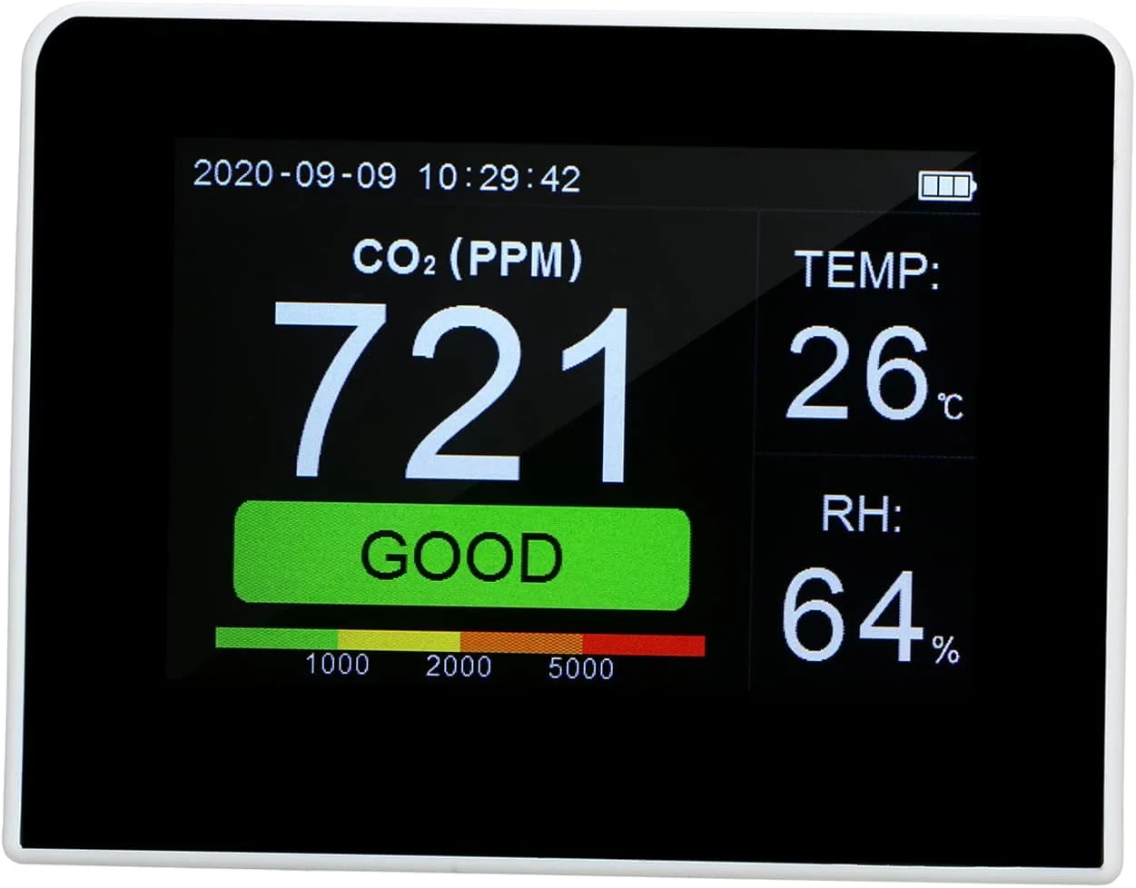 دستگاه رومیزی تشخیص کیفیت هوا 3 در 1، چند منظوره، شامل دی اکسید کربن، رطوبت و دما، مانیتور دما و رطوبت، تستر CO2 داخلی/خارجی، رطوبت سنج دیجیتال 3.5 اینچی با ثبت کننده داده و باتری قابل شارژ