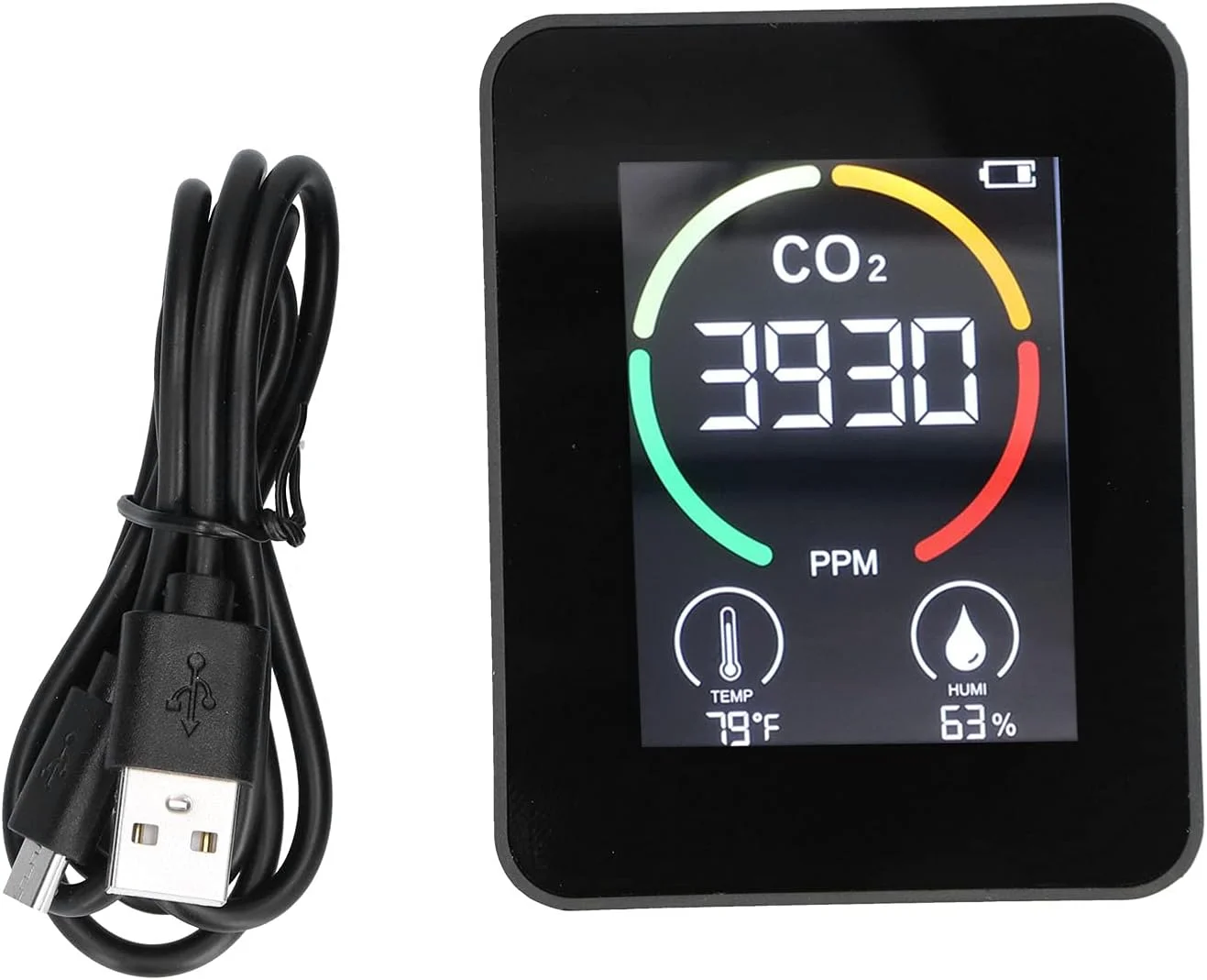 مانیتور CO2، مانیتور کیفیت هوا داخلی 3 در 1، مانیتور دی اکسید کربن CO2، آشکارساز TVOC HCHO CO2، شارژر USB، آشکارساز حسگر کیفیت هوا با دما و رطوبت (مشکی)