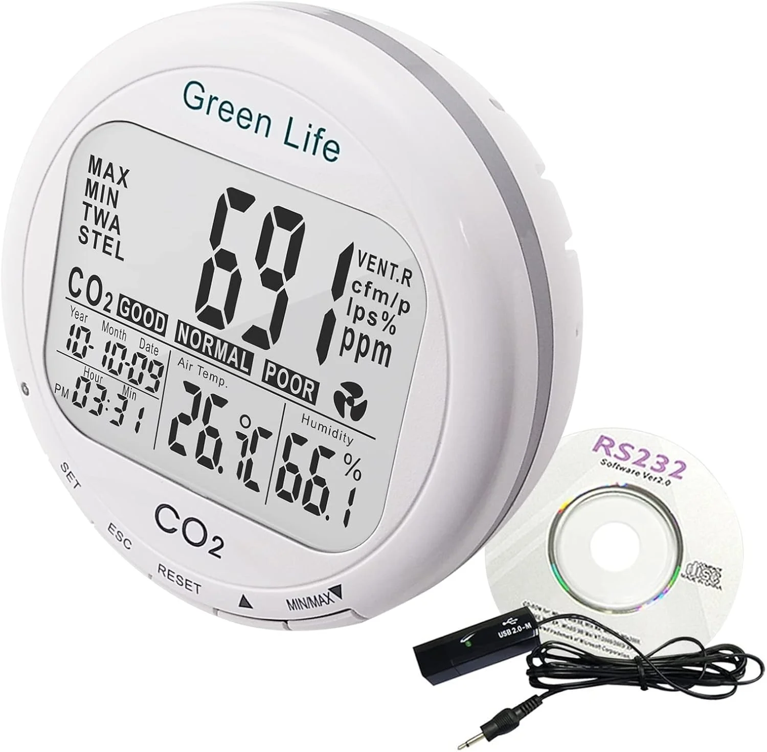 مانیتور CO2 با قابلیت ثبت داده، دستگاه اندازه گیری CO2 با نرم افزار ثبت اطلاعات و آلارم صوتی، مانیتور کیفیت هوا با قابلیت نمایش دی اکسید کربن، رطوبت و دما برای گلخانه، خانه، دفتر و غیره مانیتور CO2 با قابلیت ثبت داده، دستگاه اندازه گیری CO2 با نرم افزار ثبت اطلاعات و آلارم صوتی، مانیتور کیفیت هوا با قابلیت نمایش دی اکسید کربن، رطوبت و دما برای گلخانه، خانه، دفتر و غیره