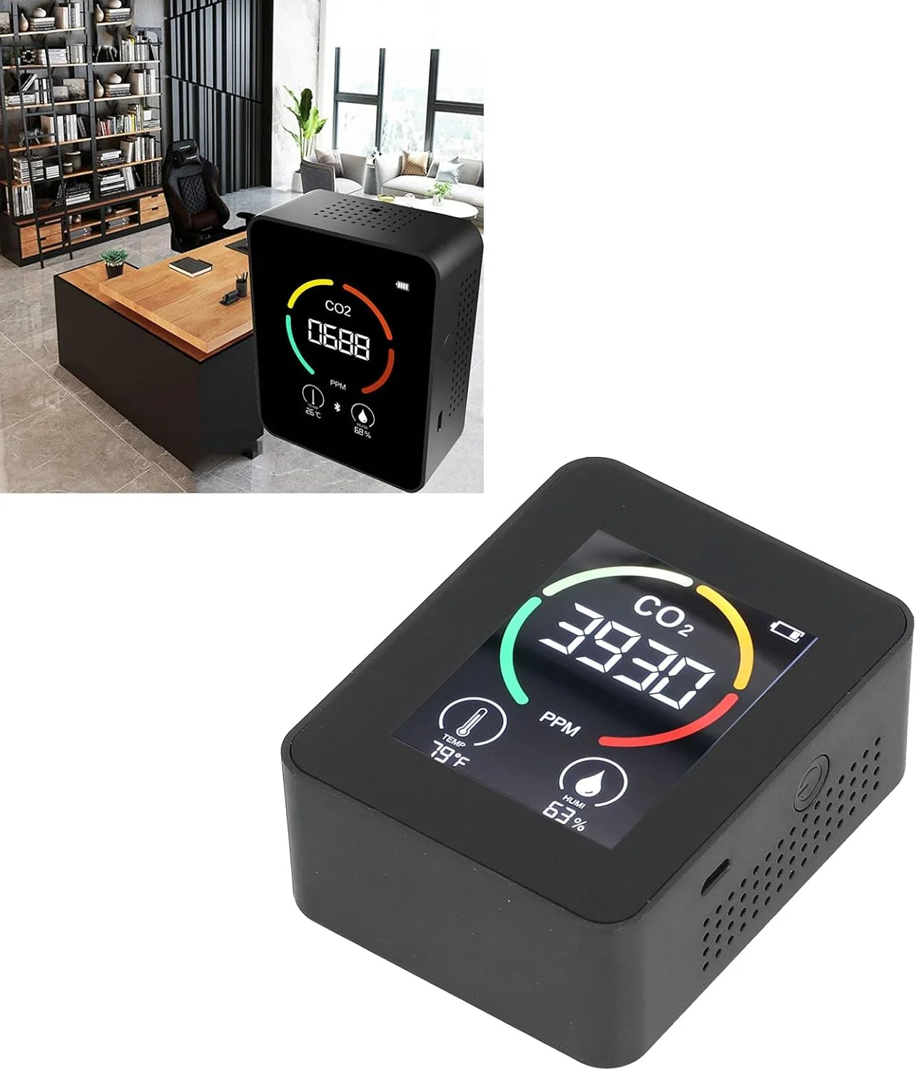 مانیتور CO2، مانیتور کیفیت هوا داخلی 3 در 1، مانیتور دی اکسید کربن CO2، آشکارساز TVOC HCHO CO2، شارژر USB، آشکارساز حسگر کیفیت هوا با دما و رطوبت (مشکی)