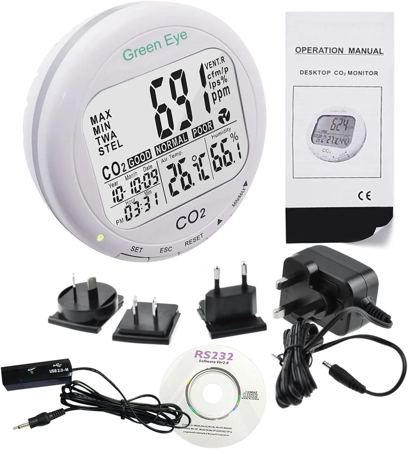 مانیتور CO2 با قابلیت ثبت داده، دستگاه اندازه گیری CO2 با نرم افزار ثبت اطلاعات و آلارم صوتی، مانیتور کیفیت هوا با قابلیت نمایش دی اکسید کربن، رطوبت و دما برای گلخانه، خانه، دفتر و غیره مانیتور CO2 با قابلیت ثبت داده، دستگاه اندازه گیری CO2 با نرم افزار ثبت اطلاعات و آلارم صوتی، مانیتور کیفیت هوا با قابلیت نمایش دی اکسید کربن، رطوبت و دما برای گلخانه، خانه، دفتر و غیره