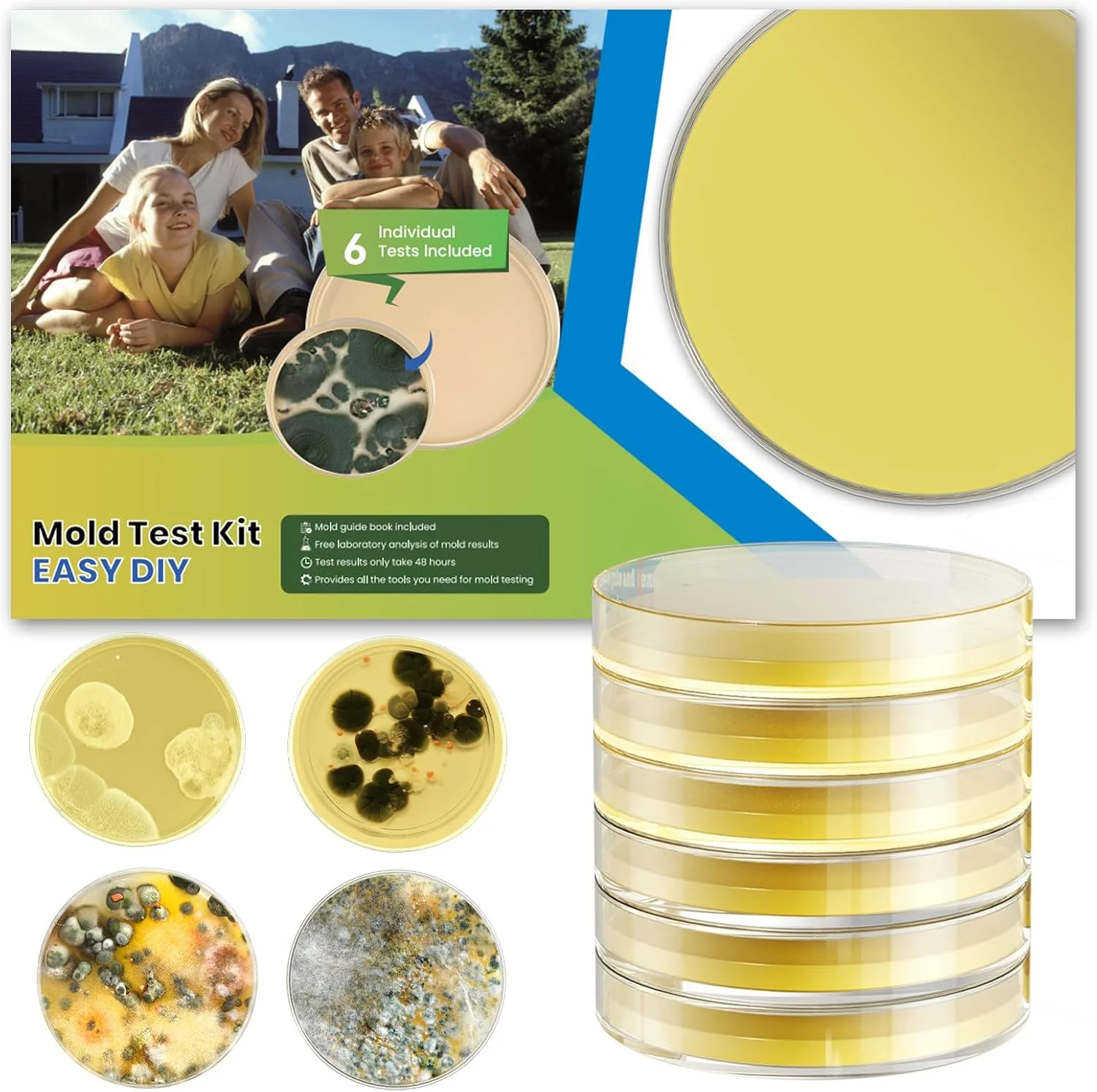 کیت تست کپک خانگی - کیت تست کپک DIY برای تشخیص هوا و سطوح داخلی خانه، شامل راهنمای شناسایی دقیق کپک و تجزیه و تحلیل آزمایشگاهی رایگان - 6 تست تشخیص