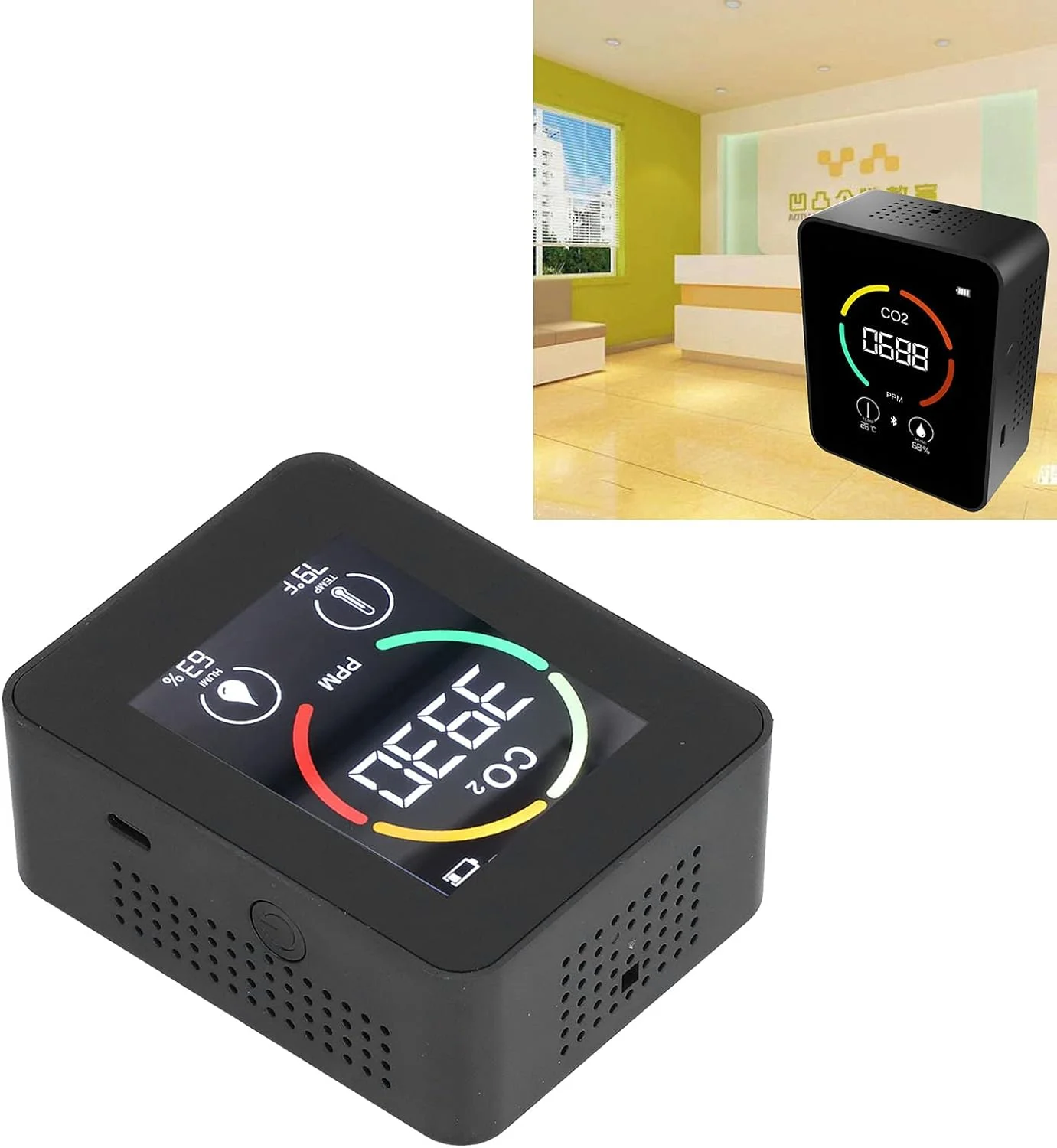 مانیتور CO2، مانیتور کیفیت هوا داخلی 3 در 1، مانیتور دی اکسید کربن CO2، آشکارساز TVOC HCHO CO2، شارژر USB، آشکارساز حسگر کیفیت هوا با دما و رطوبت (مشکی)