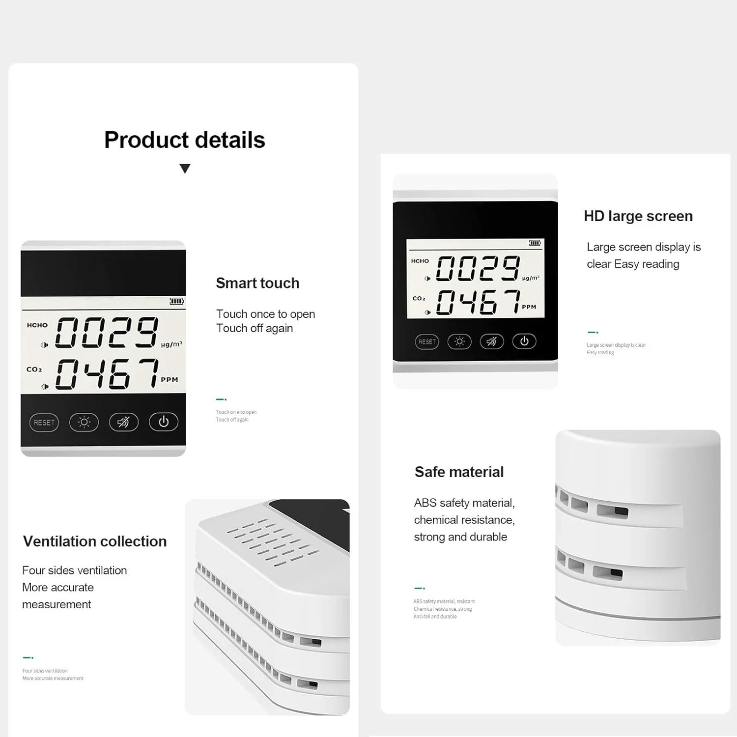 مانیتور CO2، ردیاب CO2، ردیاب دی اکسید کربن داخل ساختمان، ردیاب آلارم CO2، تستر CO2 HCHO نصب شده روی دیوار، مانیتور کیفیت هوا با شارژ USB برای خانه و محل کار