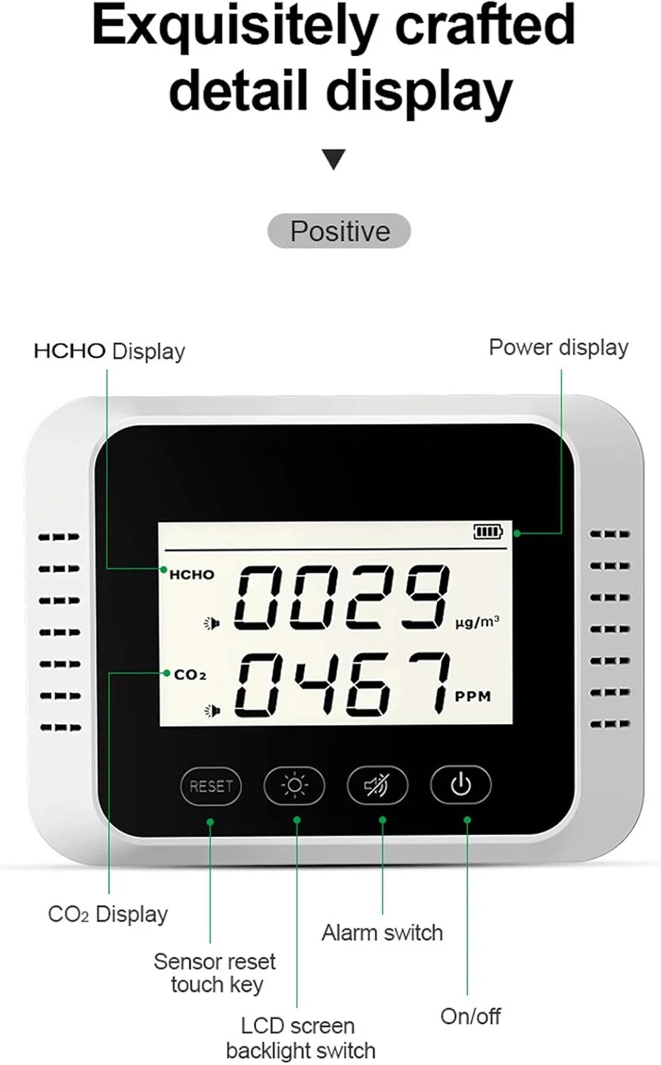 مانیتور CO2، ردیاب CO2، ردیاب دی اکسید کربن داخل ساختمان، ردیاب آلارم CO2، تستر CO2 HCHO نصب شده روی دیوار، مانیتور کیفیت هوا با شارژ USB برای خانه و محل کار