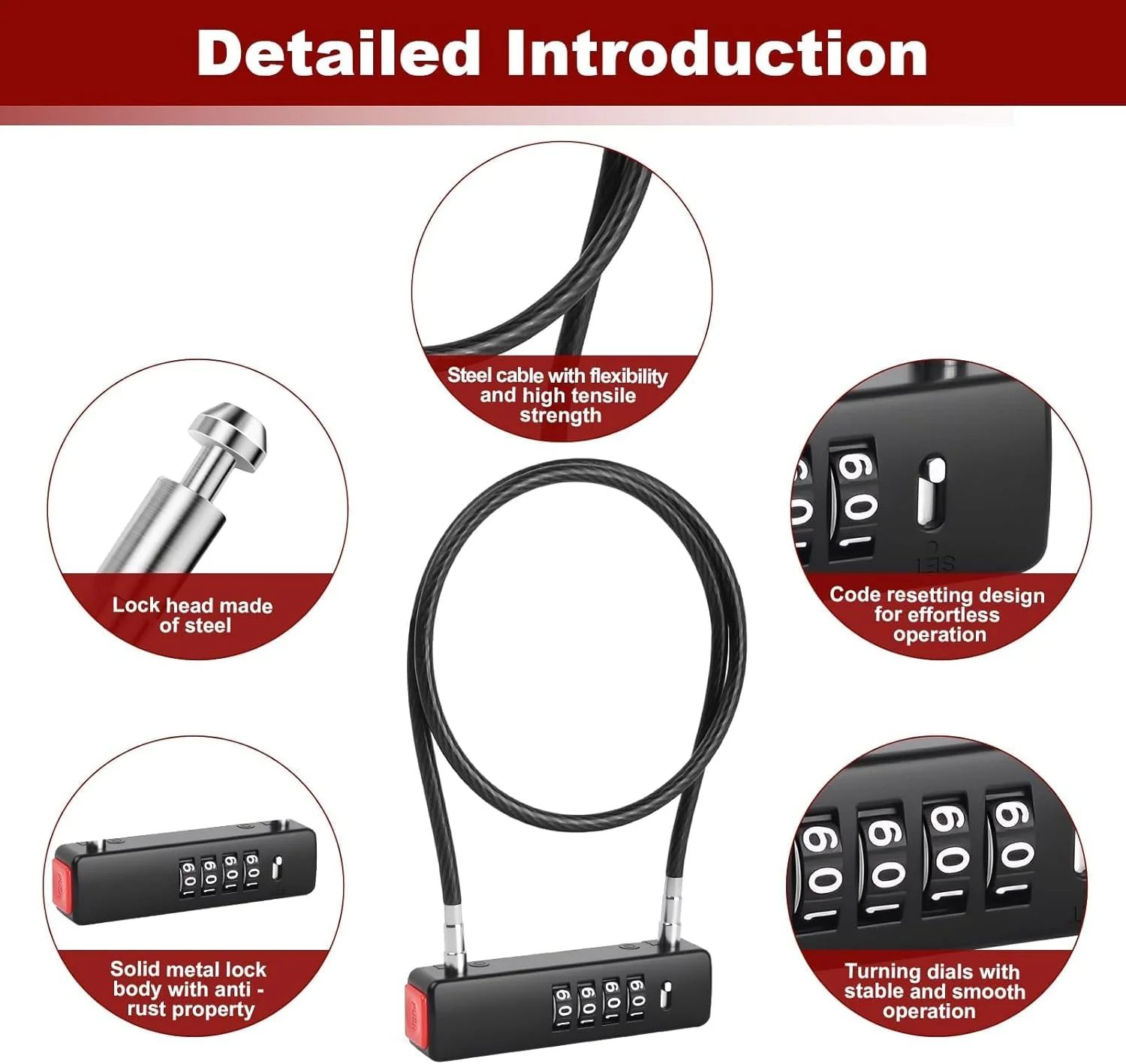 قفل کابلی ترکیبی 4 رقمی، قفل دوچرخه فولادی سنگین 23.6 اینچی با رمز عبور قابل تنظیم مجدد برای چمدان، کیف، دروازه، قفل باشگاه، فضای باز، قفل ضد آب