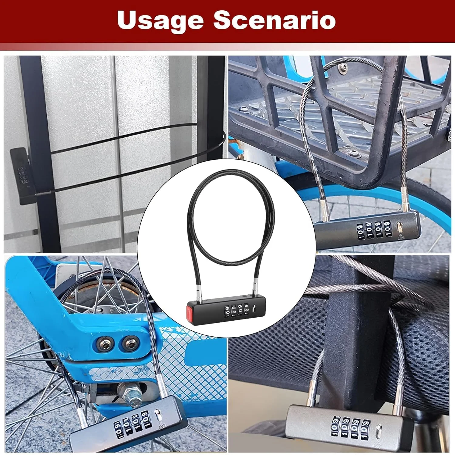 قفل کابلی ترکیبی 4 رقمی، قفل دوچرخه فولادی سنگین 23.6 اینچی با رمز عبور قابل تنظیم مجدد برای چمدان، کیف، دروازه، قفل باشگاه، فضای باز، قفل ضد آب
