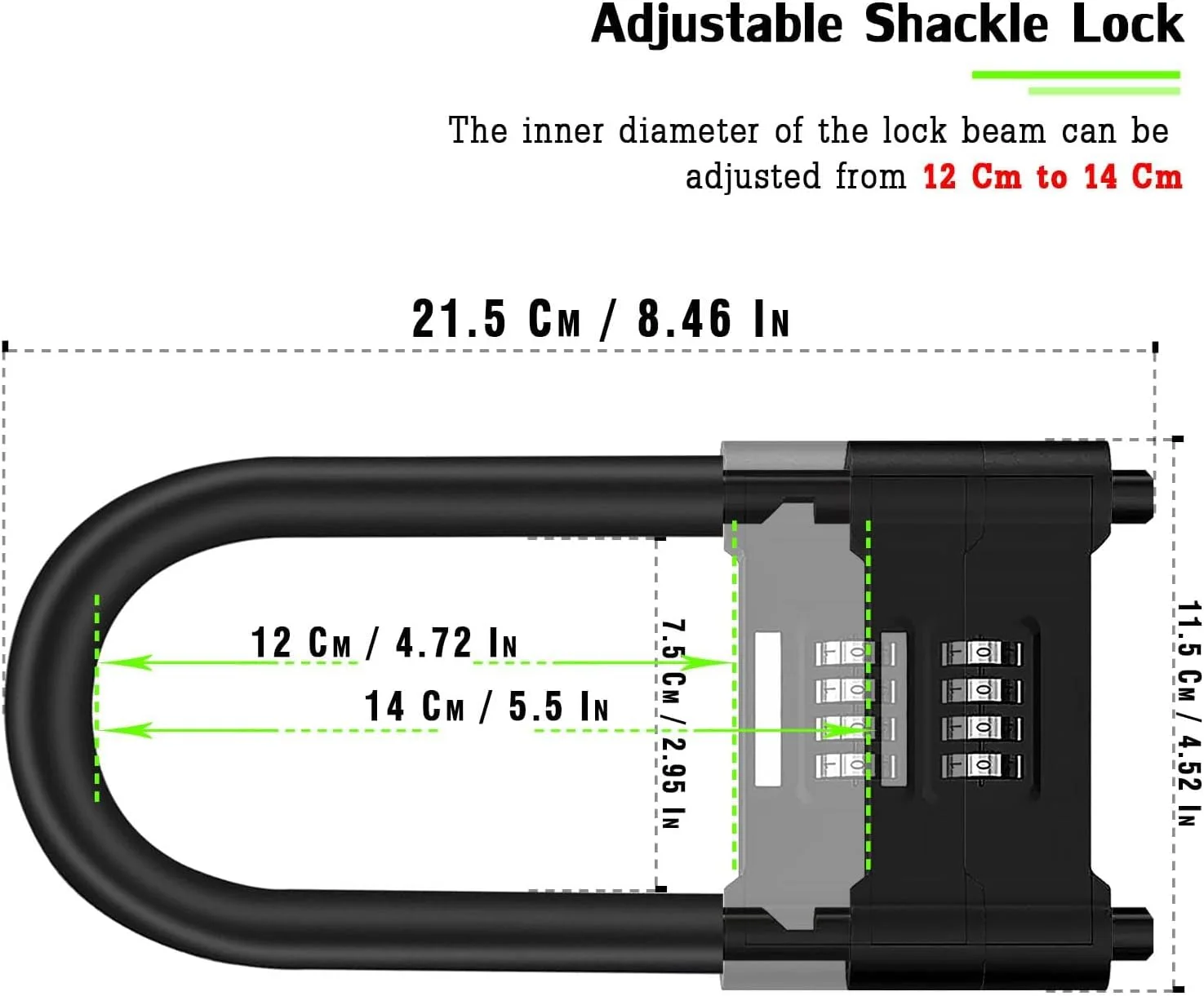 قفل رمزی 4 رقمی، قفل امنیتی U شکل ضد سرقت سنگین با حلقه قابل تنظیم، برای دوچرخه، دوچرخه برقی، دوچرخه کوهستان، دروازه، سوله، حصار [محدوده قابل تنظیم 120-140 میلی متر]
