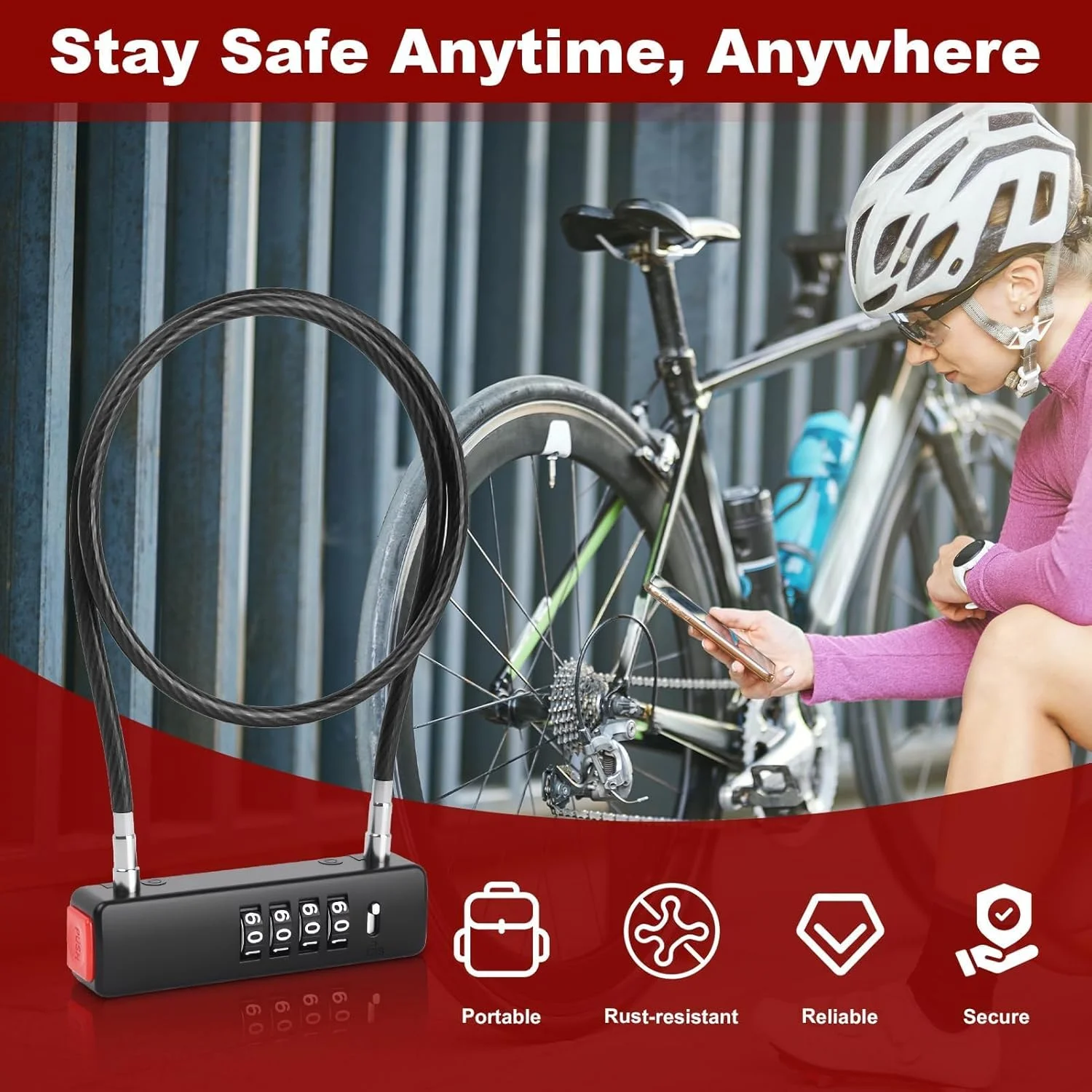 قفل کابلی ترکیبی 4 رقمی، قفل دوچرخه فولادی سنگین 23.6 اینچی با رمز عبور قابل تنظیم مجدد برای چمدان، کیف، دروازه، قفل باشگاه، فضای باز، قفل ضد آب