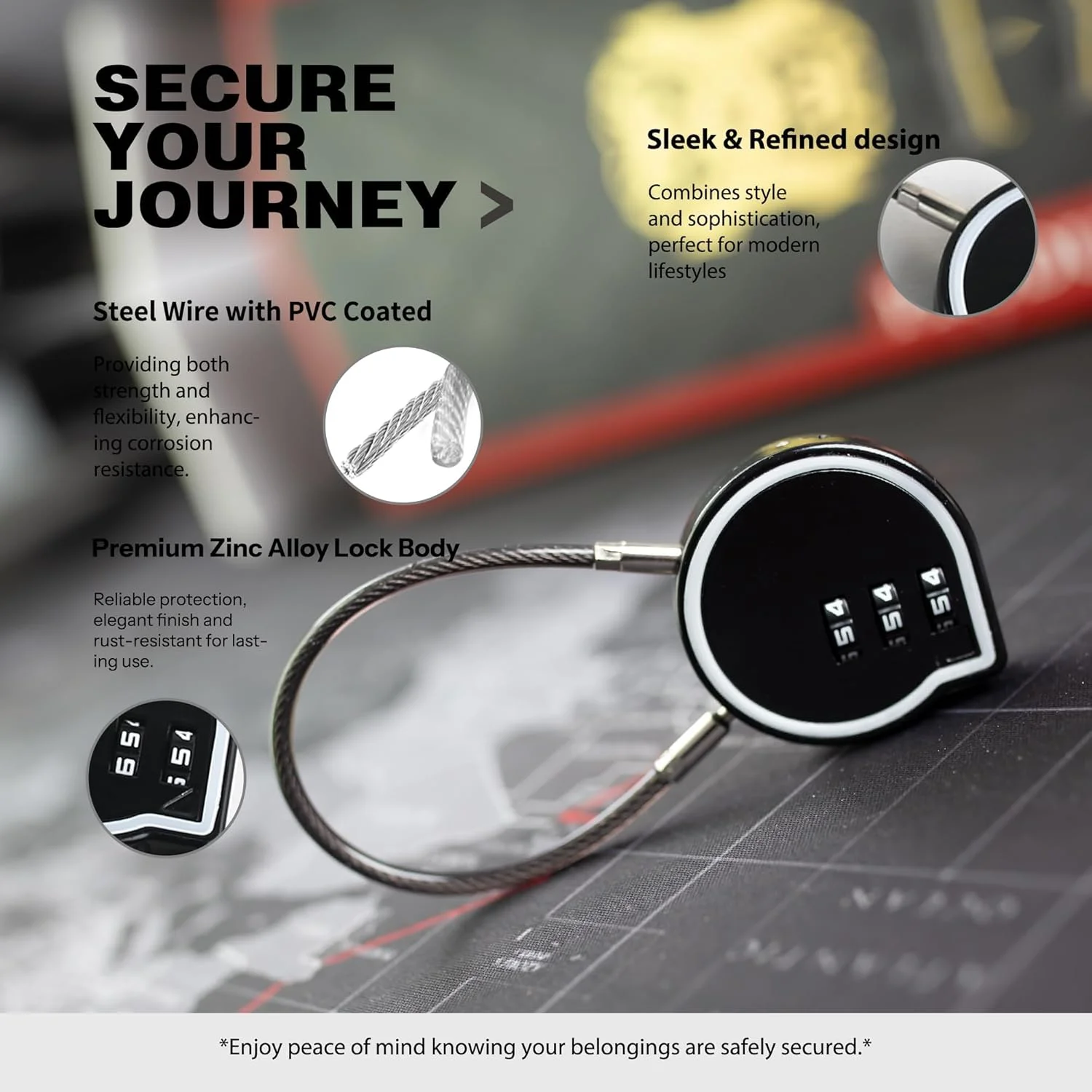 قفل ترکیبی کوچک برای کمد، قفل ترکیبی طناب سیمی مینیاتوری برای کوله پشتی، چمدان، کمدهای مدرسه، کمدهای ورزشی، حصارها، جعبه ابزار، جعبه ها، استفاده امنیتی در سفر در فضای باز - مشکی