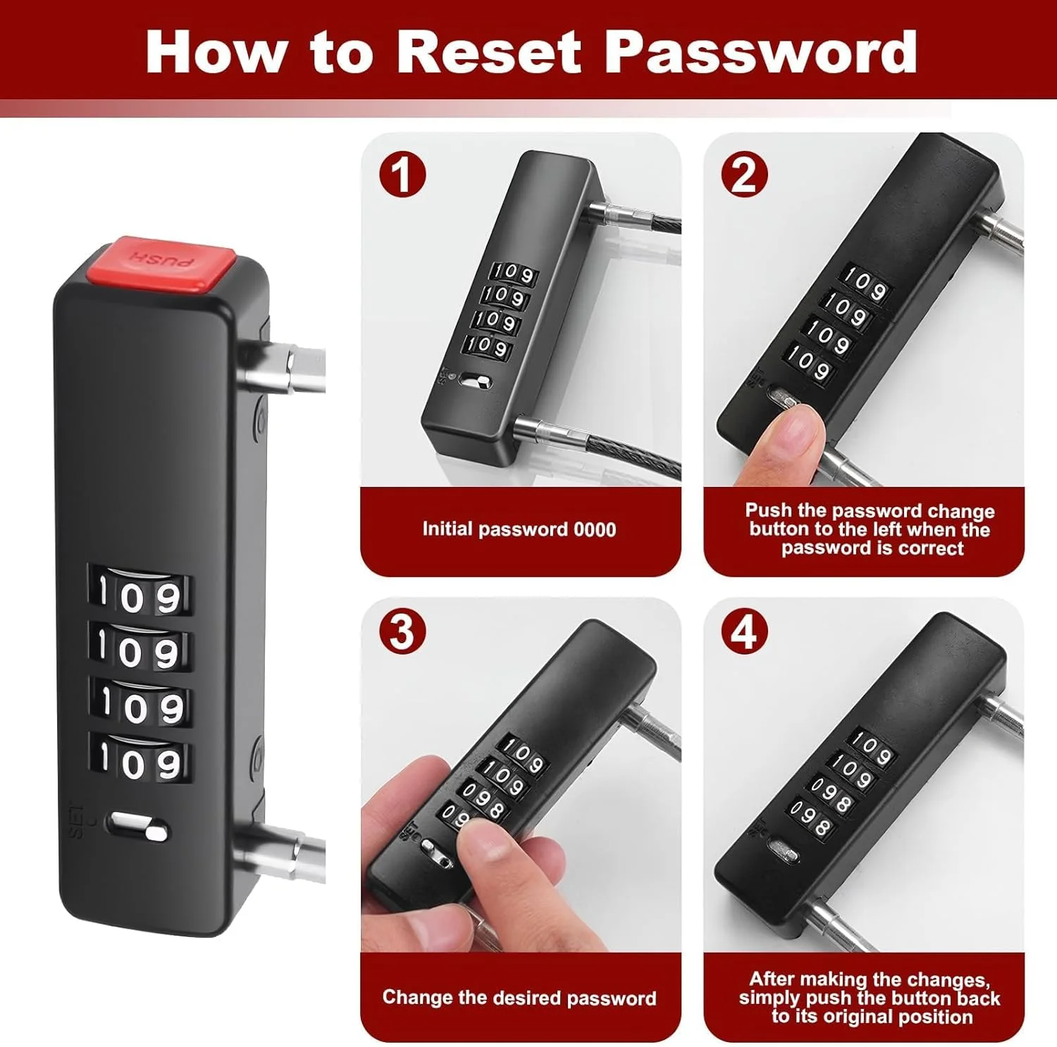 قفل کابلی ترکیبی 4 رقمی، قفل دوچرخه فولادی سنگین 23.6 اینچی با رمز عبور قابل تنظیم مجدد برای چمدان، کیف، دروازه، قفل باشگاه، فضای باز، قفل ضد آب