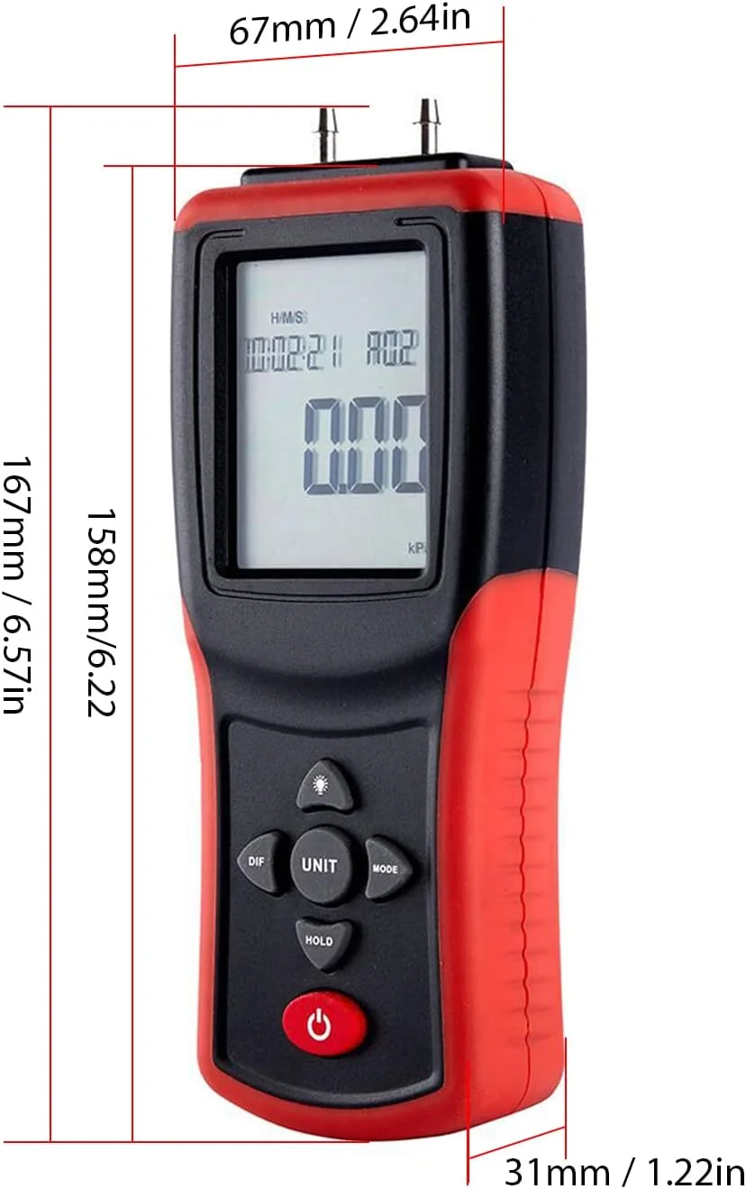 مانومتر دیجیتال QAHM با LCD 2.4 اینچی، مانومتر دو پورت دستی با دقت بالا ±2Psi، تستر گیج فشار هوای دیفرانسیل با 12 واحد