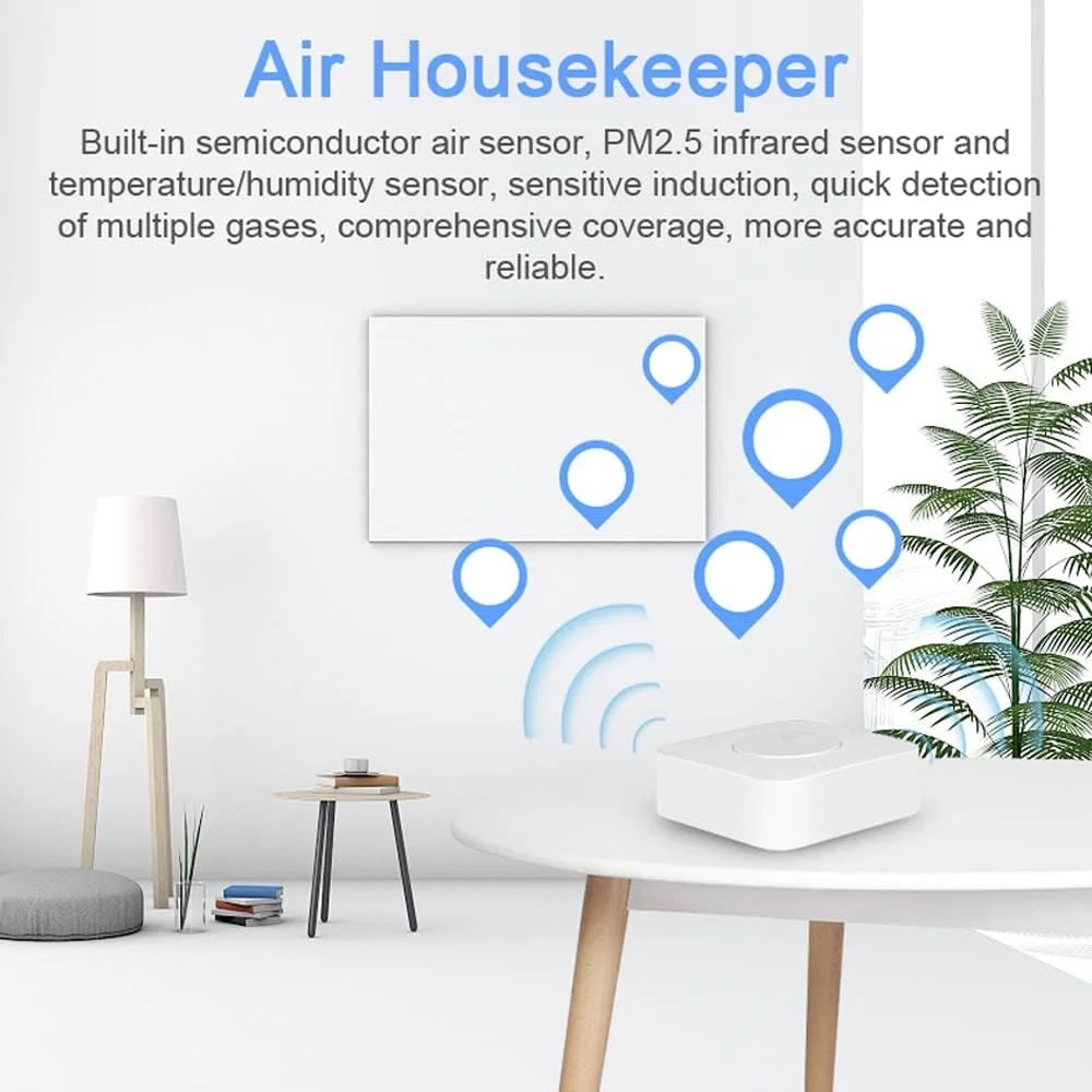 دستگاه نظارت بر کیفیت هوا OUNA مدل Air Housekeeper، مانیتور هوشمند کیفیت هوا Tuya WiFi 6 در 1، تشخیص دهنده PM2.5/فرمالدئید/VOC/CO2/دما/رطوبت سازگار با الکسا و گوگل هوم برای خانه و محل کار