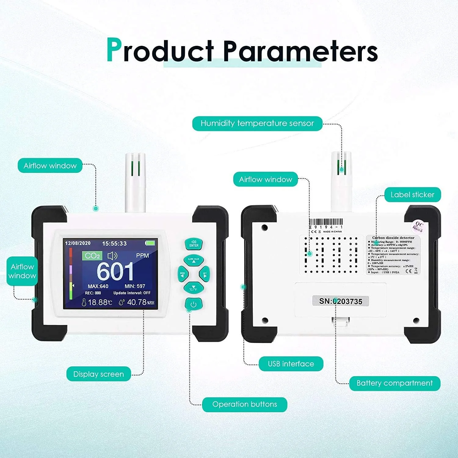 دستگاه تشخیص دی اکسید کربن SVASTY، نمایشگر رنگی 3.2 اینچی TFT قابل حمل، دستگاه اندازه گیری CO2، تست کننده دما و رطوبت، مانیتور کیفیت هوا با دوام دستگاه تشخیص دی اکسید کربن SVASTY، نمایشگر رنگی 3.2 اینچی TFT قابل حمل، دستگاه اندازه گیری CO2، تست کننده دما و رطوبت، مانیتور کیفیت هوا با دوام