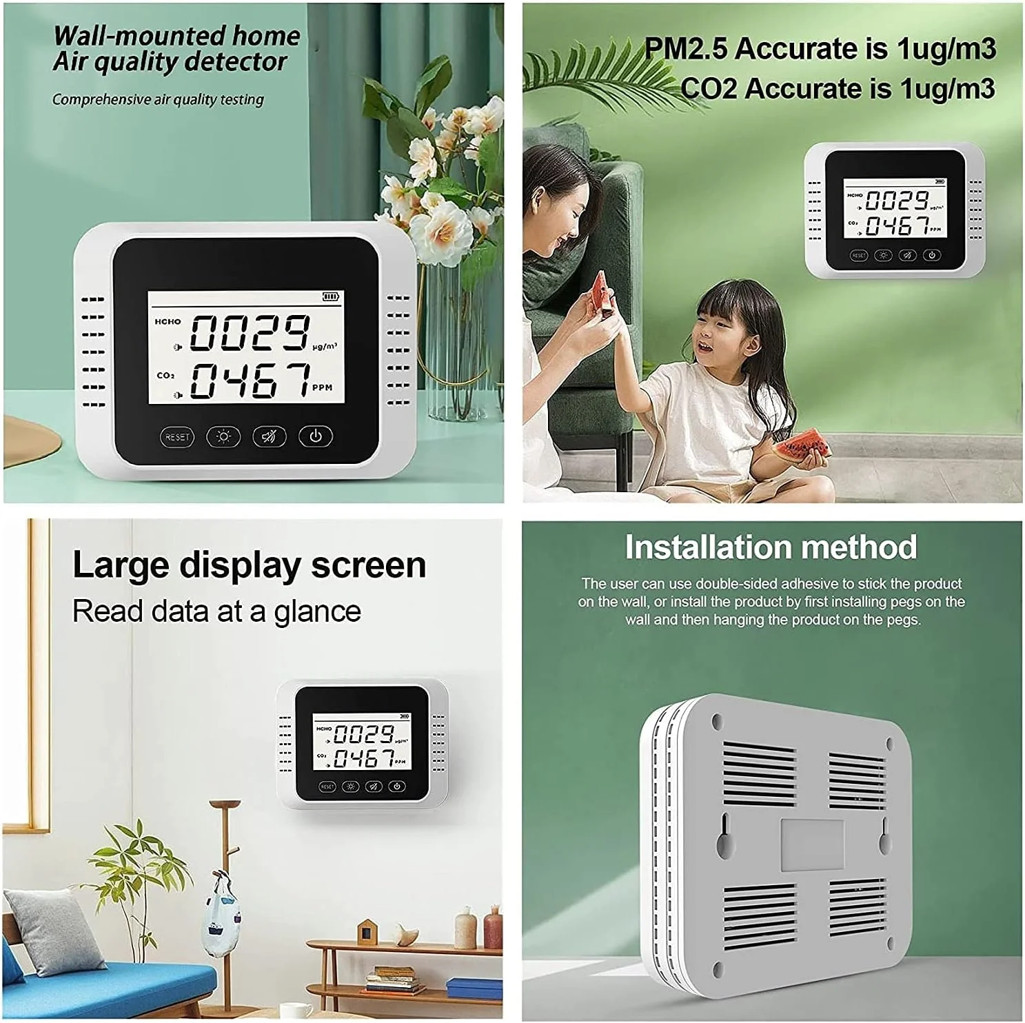 دستگاه سنجش کیفیت هوا ZXM، تستر کیفیت هوای خانگی قابل حمل و نصب روی دیوار، ردیاب دی اکسید کربن، مانیتور فرمالدئید TVOC CO2