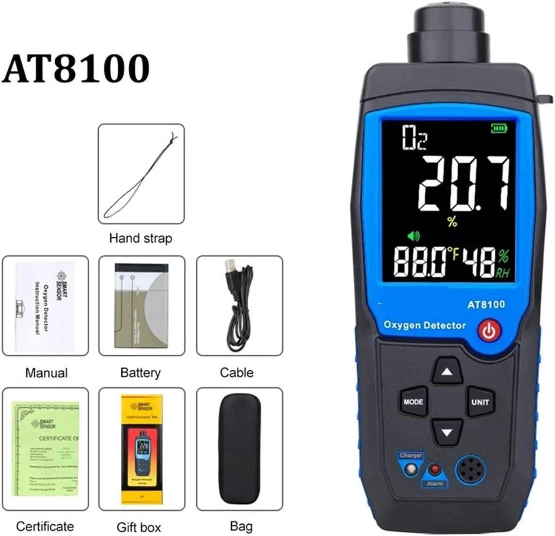 دستگاه سنجش کیفیت هوا zyyrwsry، اکسیژن متر دیجیتال، آشکارساز گاز O2، آلارم صوتی و نوری، نمایشگر LCD دما (At8100)