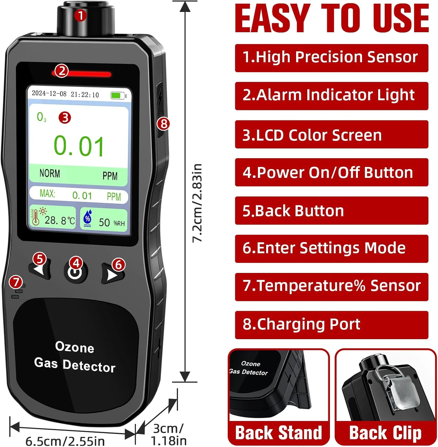 دستگاه تشخیص ازن قابل حمل ZYKYCX، مانیتور گاز ازن 0-20 PPM با رزولوشن بالای 0.01 PPM، طول عمر باتری 16 ساعته، متر ازن با آلارم، مانیتور کیفیت هوای O3 با تستر دما و رطوبت دستگاه تشخیص ازن قابل حمل ZYKYCX، مانیتور گاز ازن 0-20 PPM با رزولوشن بالای 0.01 PPM، طول عمر باتری 16 ساعته، متر ازن با آلارم، مانیتور کیفیت هوای O3 با تستر دما و رطوبت