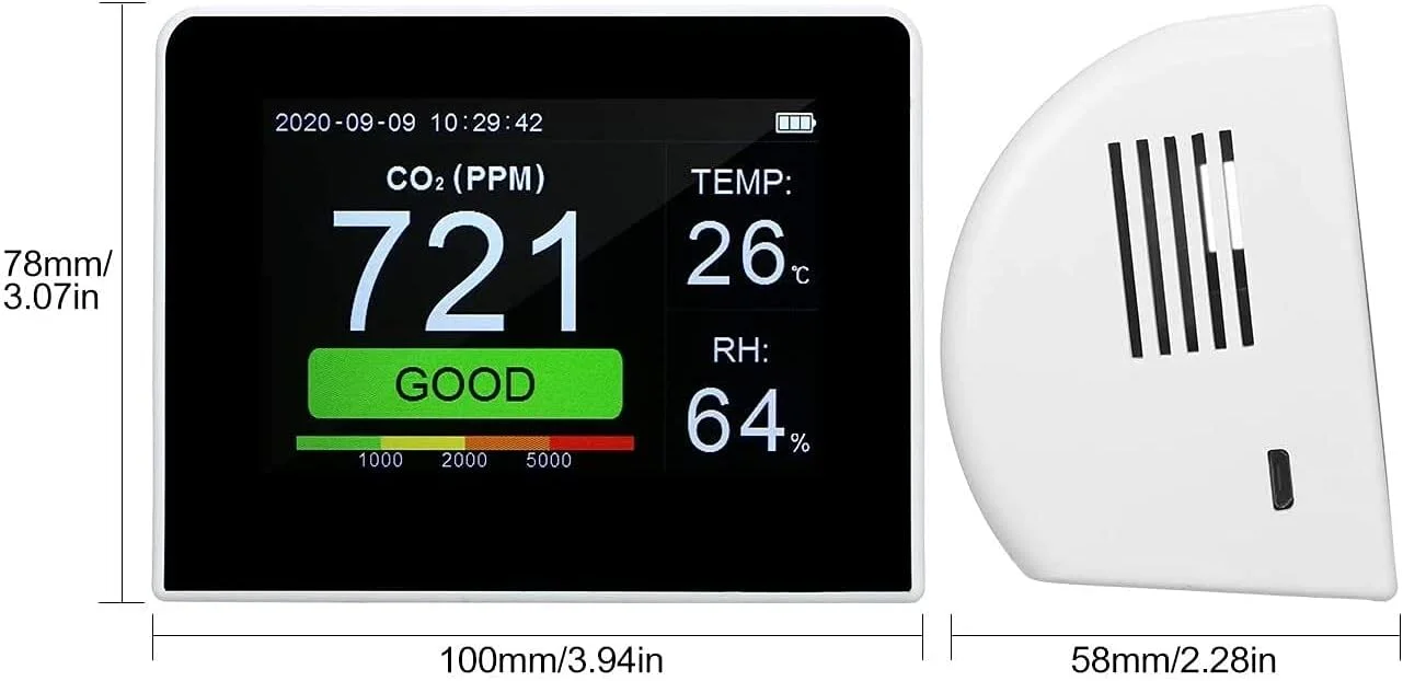 دستگاه تست CO2/RH/Temp مدل ZXM. دستگاه تشخیص کیفیت هوا 3 در 1 چند منظوره، مانیتور دما و رطوبت، تستر CO2 داخلی/خارجی 3.5 اینچی