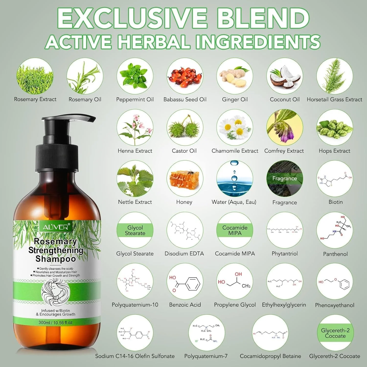 شامپو و نرم کننده بیوتین رزماری و نعناع ALIVER و ماسک موی رزماری برای رشد مو، 300 میلی لیتر، مرطوب کننده، تقویت کننده و ضخیم کننده مو، ضد شوره