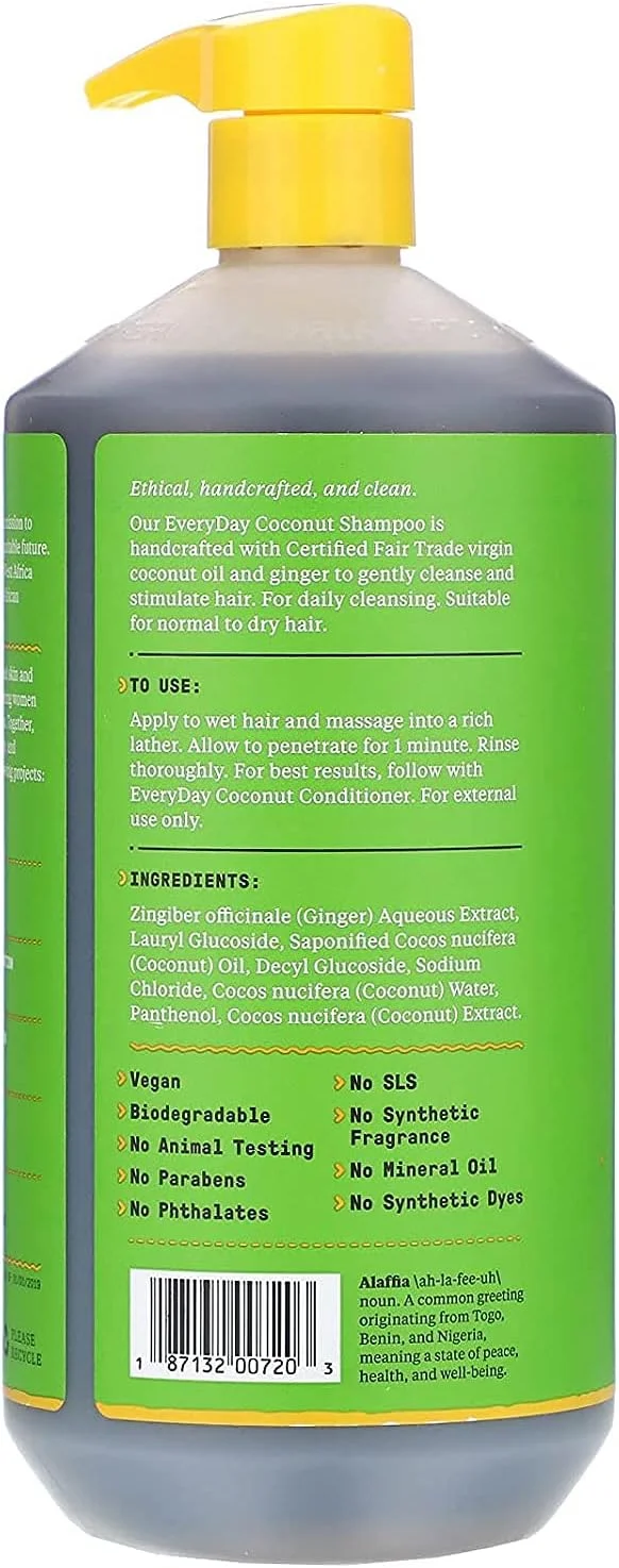 شامپو نارگیل روزانه آلافیا، مناسب موهای معمولی تا خشک، کمک به پاکسازی ملایم پوست سر و مو از آلودگی ها با زنجبیل و روغن نارگیل، تجارت منصفانه، نارگیل و زنجبیل، 946 میلی لیتر