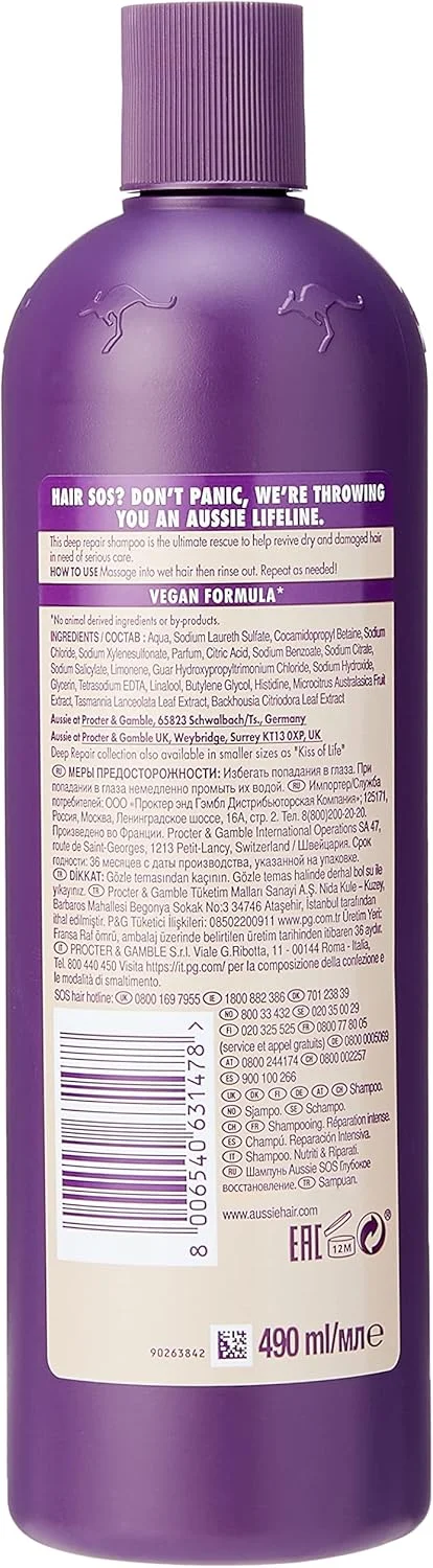 شامپو ترمیم کننده قوی موهای آسیب دیده Aussie SOS، ۴۹۰ میلی لیتر شامپو ترمیم کننده قوی موهای آسیب دیده Aussie SOS، ۴۹۰ میلی لیتر