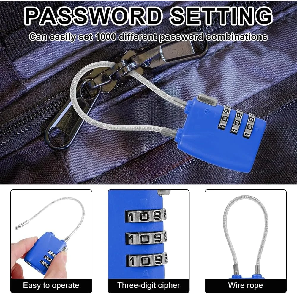 قفل ترکیبی چمدان (بسته 2 عددی) - قفل بدنه آلیاژی برای کیف های مسافرتی، چمدان ها، کمدهای رختکن، باشگاه، دوچرخه و موارد دیگر (مشکی و آبی)