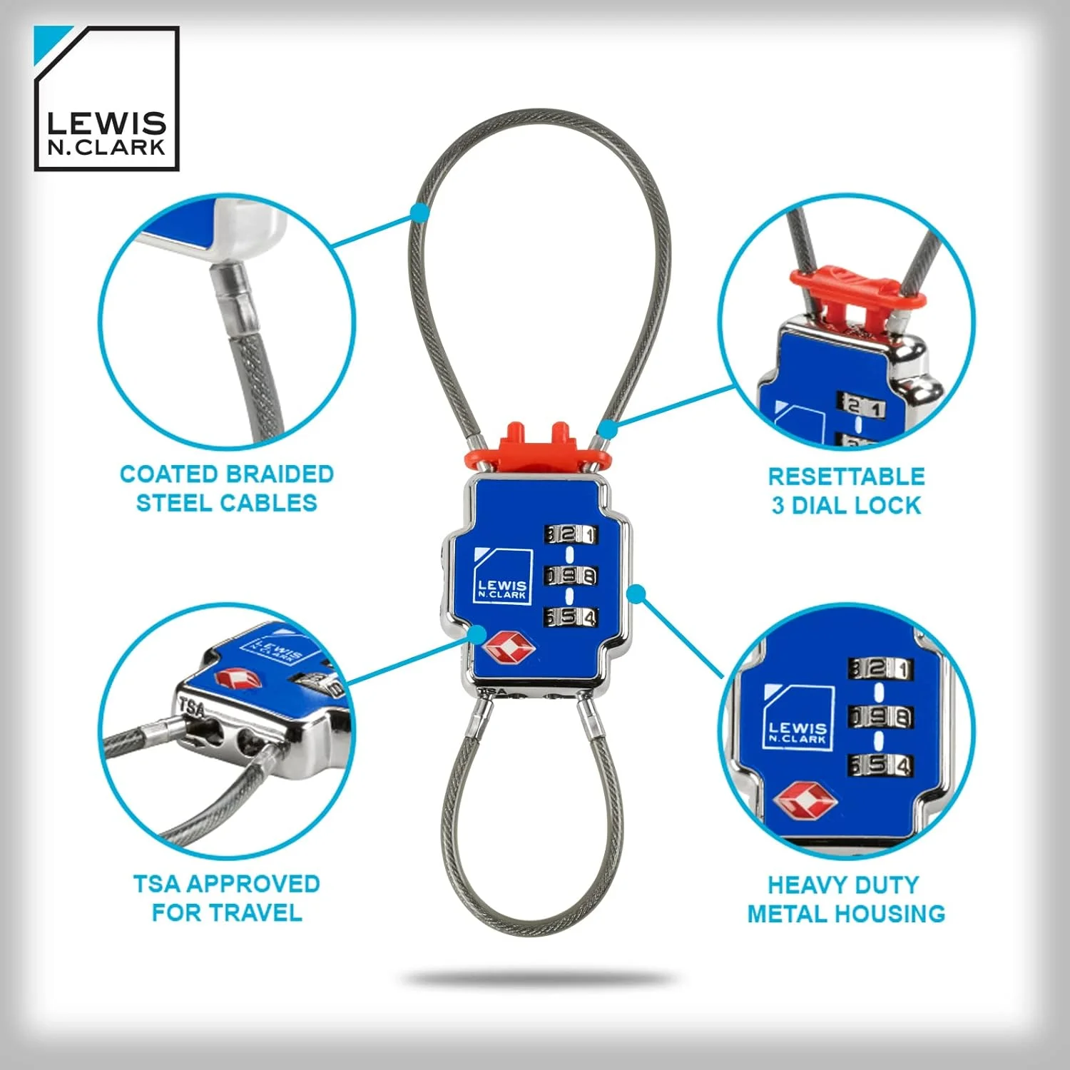 قفل امنیتی سه گانه لوییس ان کلارک، آبی، 1 عدد، قفل چمدان TSA با امنیت سه گانه برای چمدان، ساک دستی، کیف لپ تاپ، تنظیم ترکیبی برای ایجاد قفل