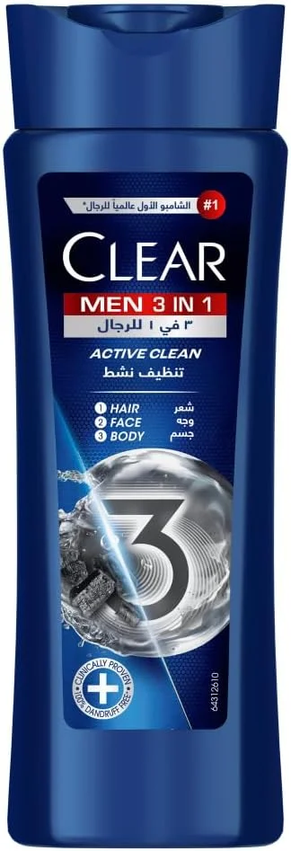 شامپو 3 در 1 مردانه کلیر، شامپو ضد شوره برای مو، صورت و بدن، Active Clean، پوست سر 100% بدون شوره، پوست شاداب و مرطوب، 200 میلی لیتر