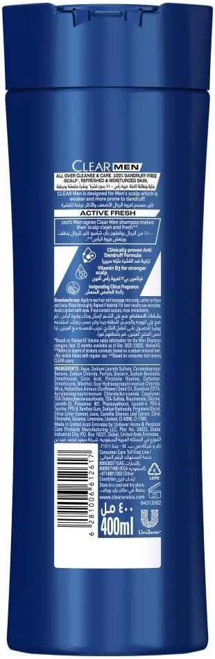 شامپو 3 در 1 کلیر مردانه، شامپو ضد شوره برای مو، صورت و بدن، Active Fresh، پوست سر 100% بدون شوره، پوست شاداب و مرطوب شده، 400 میلی لیتر شامپو 3 در 1 کلیر مردانه، شامپو ضد شوره برای مو، صورت و بدن، Active Fresh، پوست سر 100% بدون شوره، پوست شاداب و مرطوب شده، 400 میلی لیتر