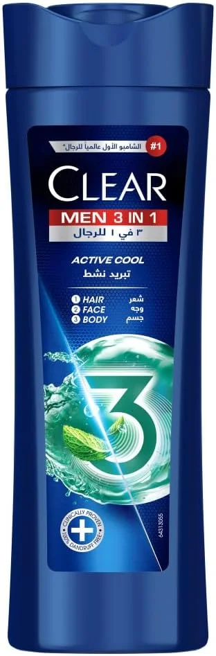 شامپو 3 در 1 کلیر مردانه، شامپو ضد شوره برای مو، صورت و بدن، Active Cool، پوست سر 100% بدون شوره^، پوست شاداب و مرطوب، 400 میلی لیتر
