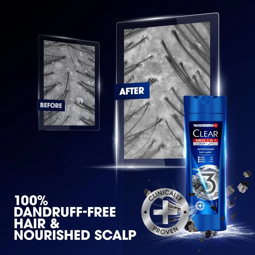 شامپو 3 در 1 مردانه کلیر، شامپو ضد شوره برای مو، صورت و بدن، Active Clean، پوست سر 100% بدون شوره، پوست شاداب و مرطوب، 200 میلی لیتر