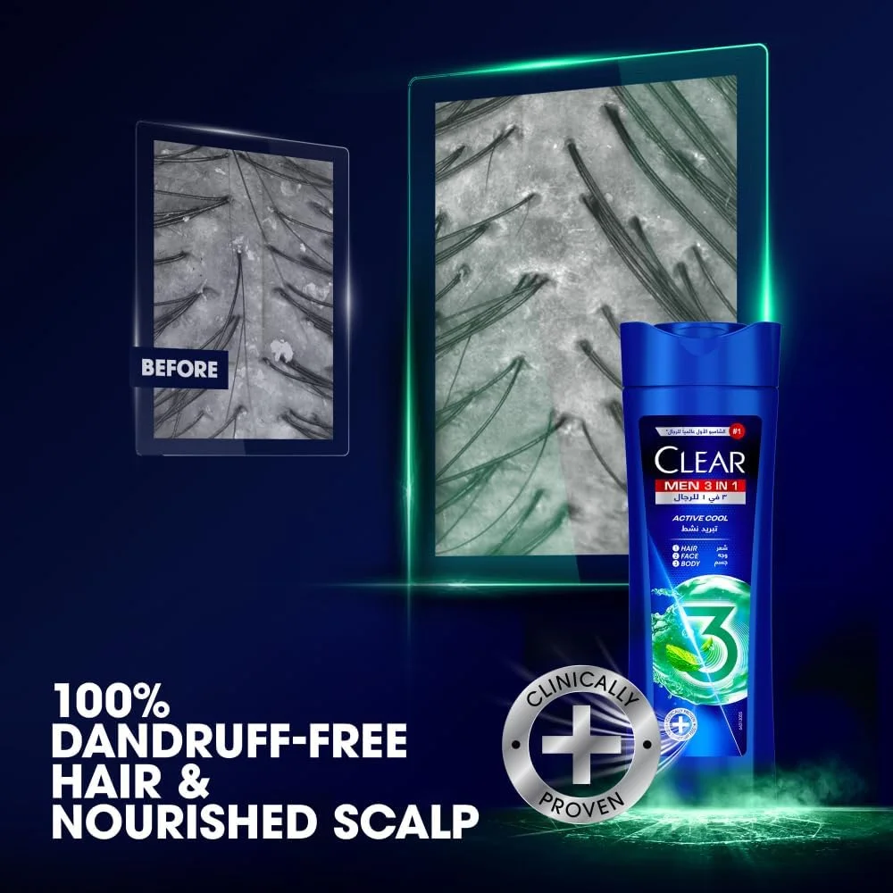 شامپو 3 در 1 کلیر مردانه، شامپو ضد شوره برای مو، صورت و بدن، Active Cool، پوست سر 100% بدون شوره^، پوست شاداب و مرطوب، 400 میلی لیتر