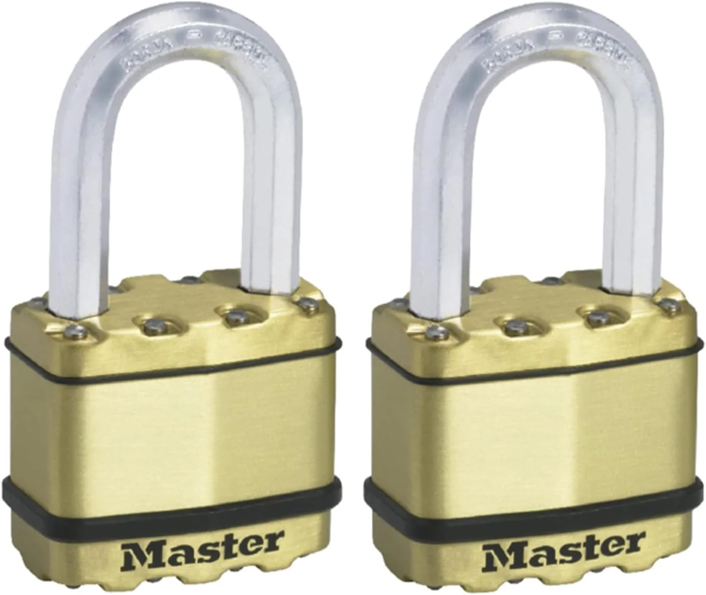 قفل های کتابی مسترلاک با امنیت بسیار بالا، سطح امنیت 9/10، مناسب فضای باز، کلیدی، فولاد لایه ای، مقاوم در برابر آب و هوا، میله متوسط، بسته 2 عددی